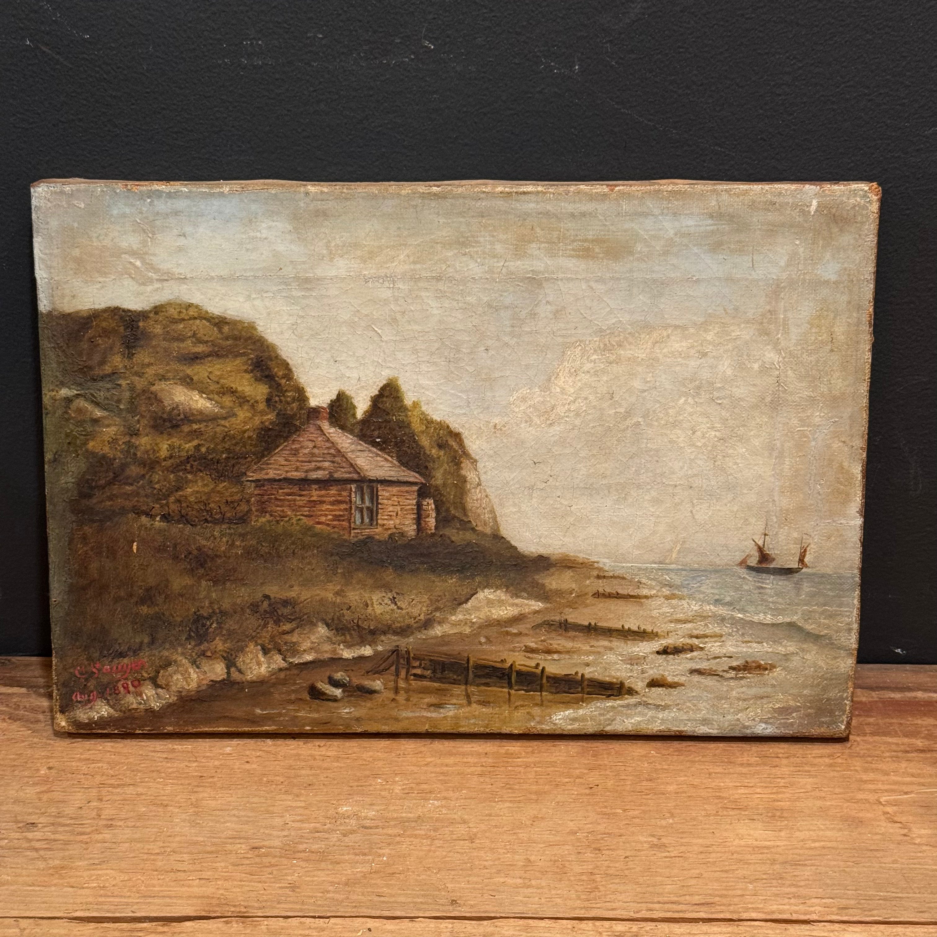 Antique 1890 Coastal Landscape Oil Painting