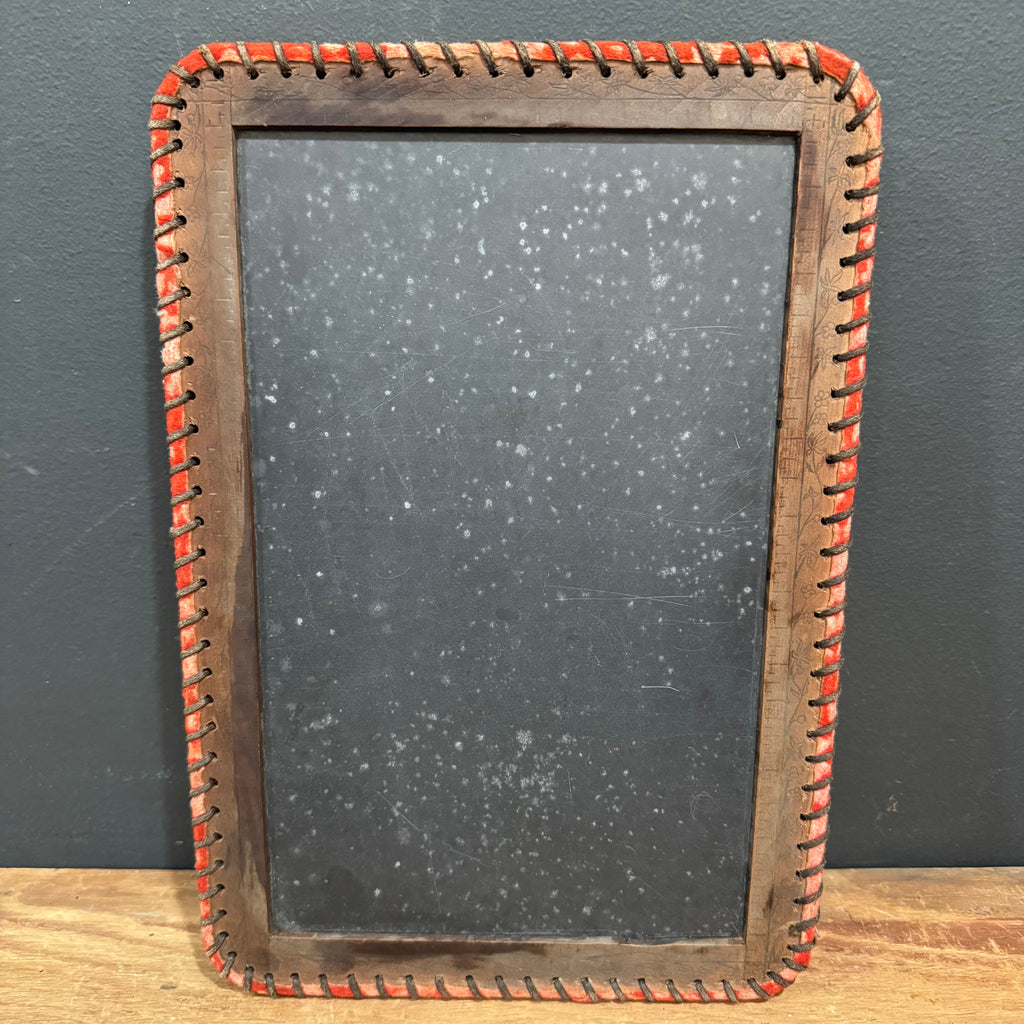 Antique Leather-Laced School Slate with Original Chalk Pencil