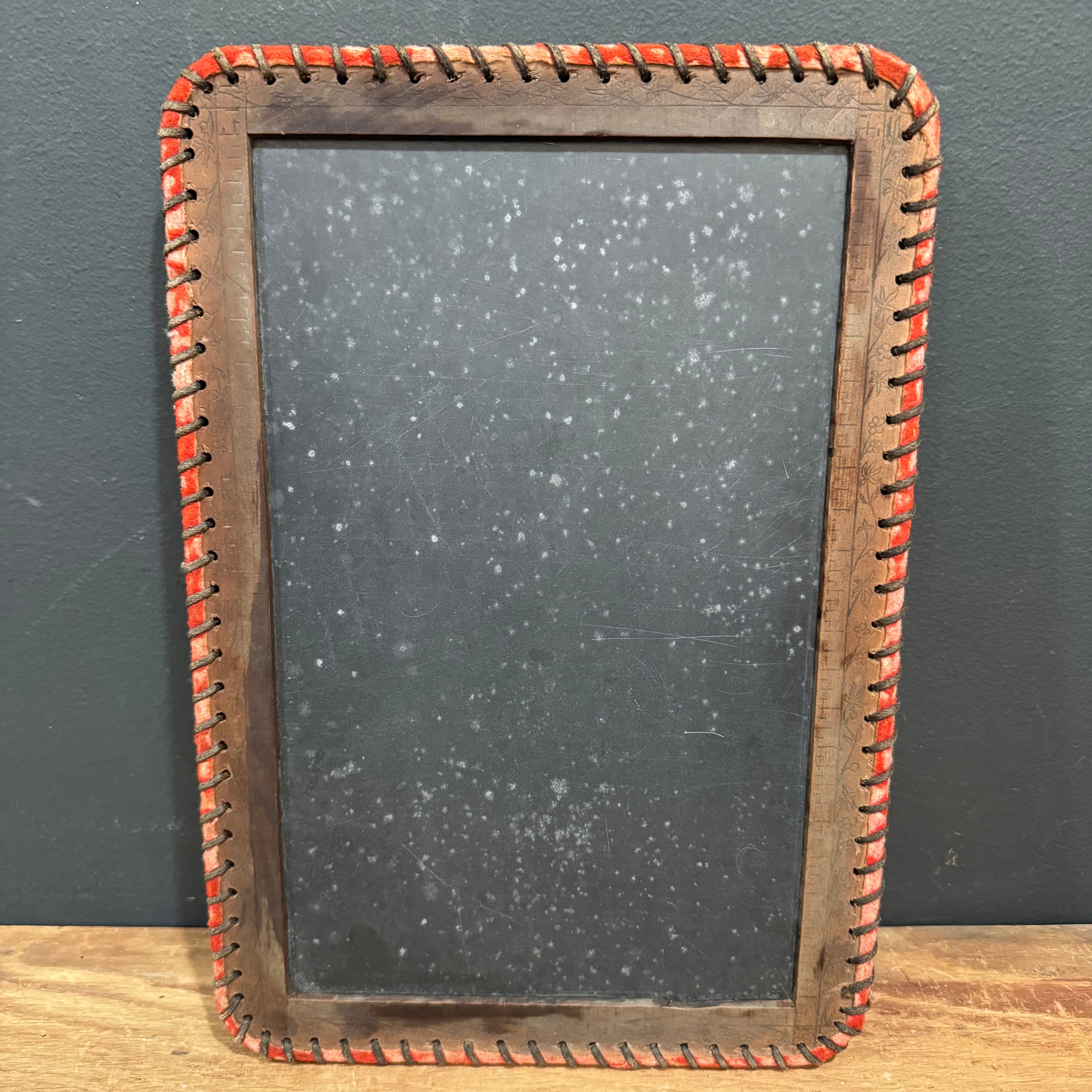 Antique Leather-Laced School Slate with Original Chalk Pencil