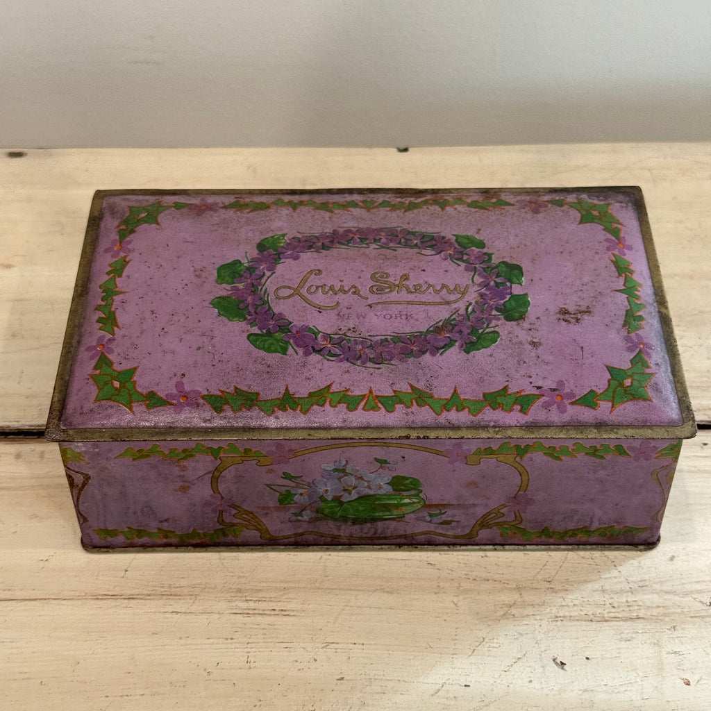Antique Louis Sherry New York Lavender Floral Lithograph Candy Tin