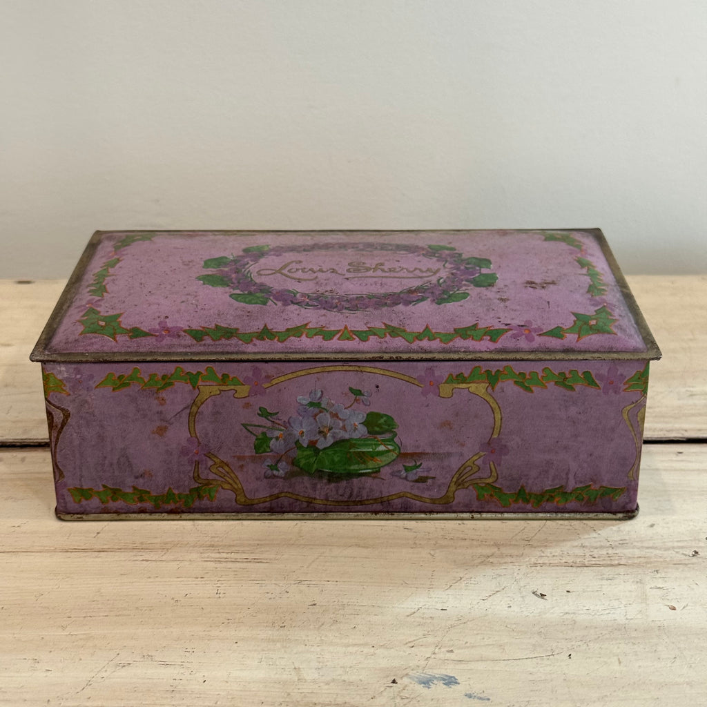 Antique Louis Sherry New York Lavender Floral Lithograph Candy Tin