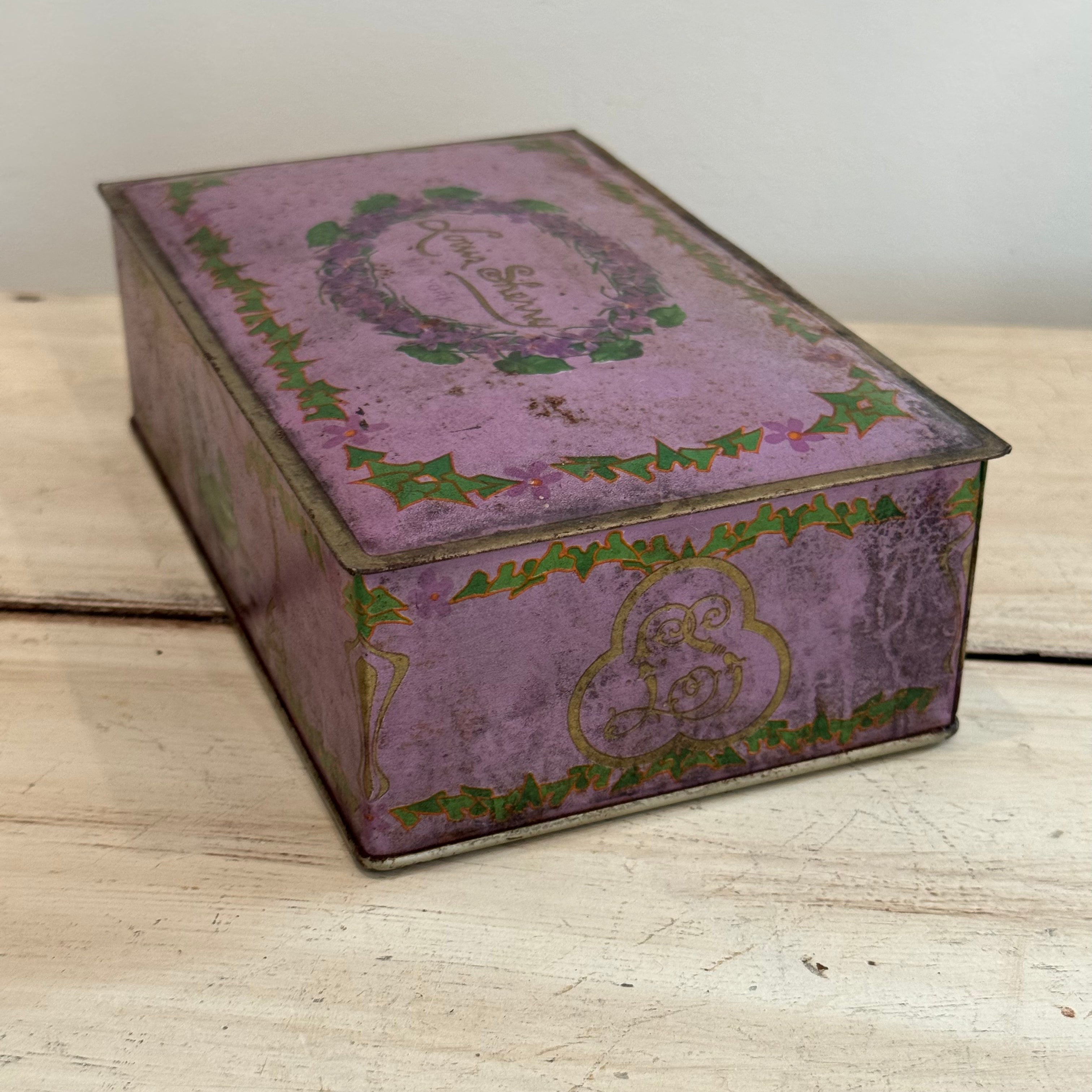 Antique Louis Sherry New York Lavender Floral Lithograph Candy Tin