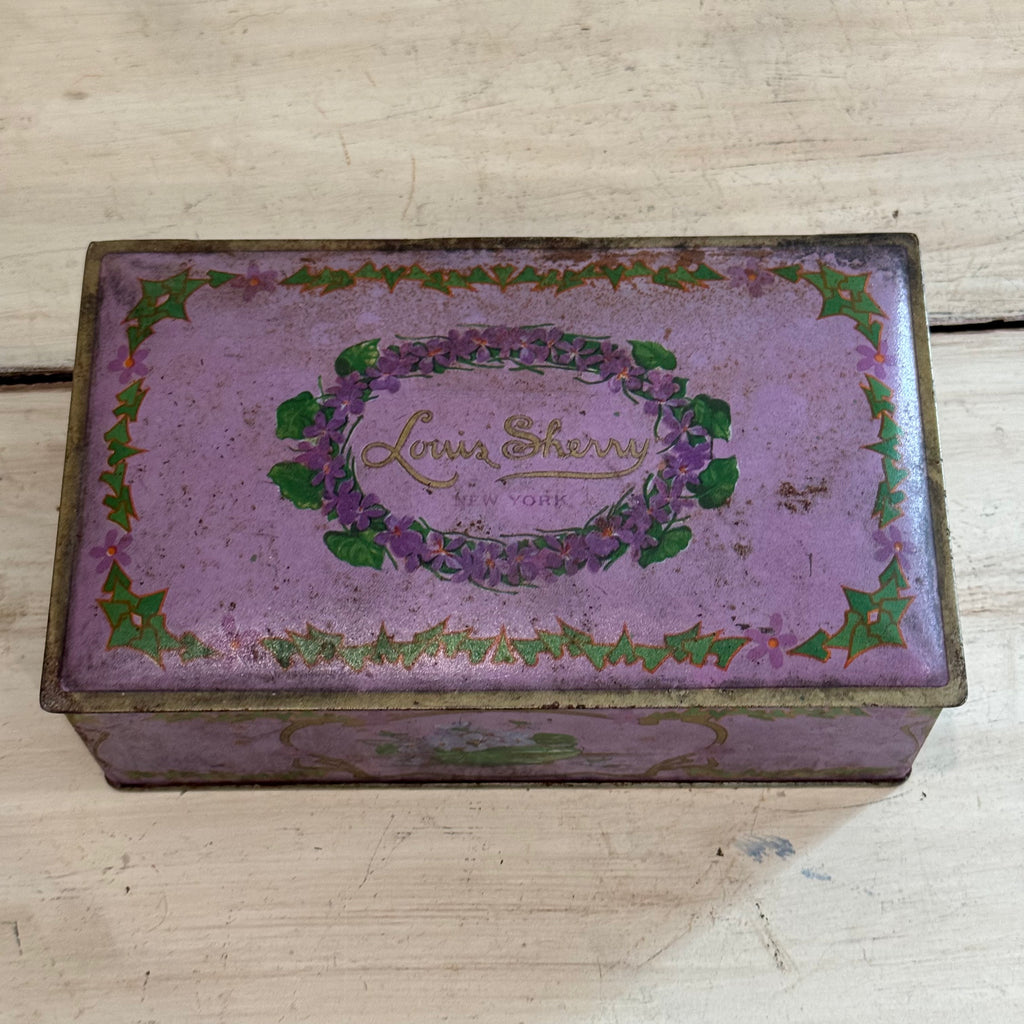 Antique Louis Sherry New York Lavender Floral Lithograph Candy Tin