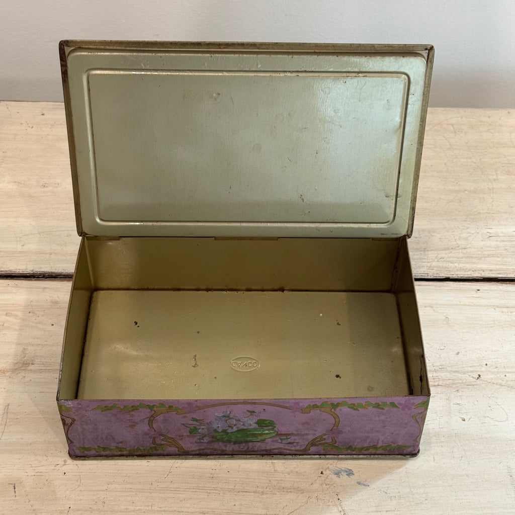 Antique Louis Sherry New York Lavender Floral Lithograph Candy Tin
