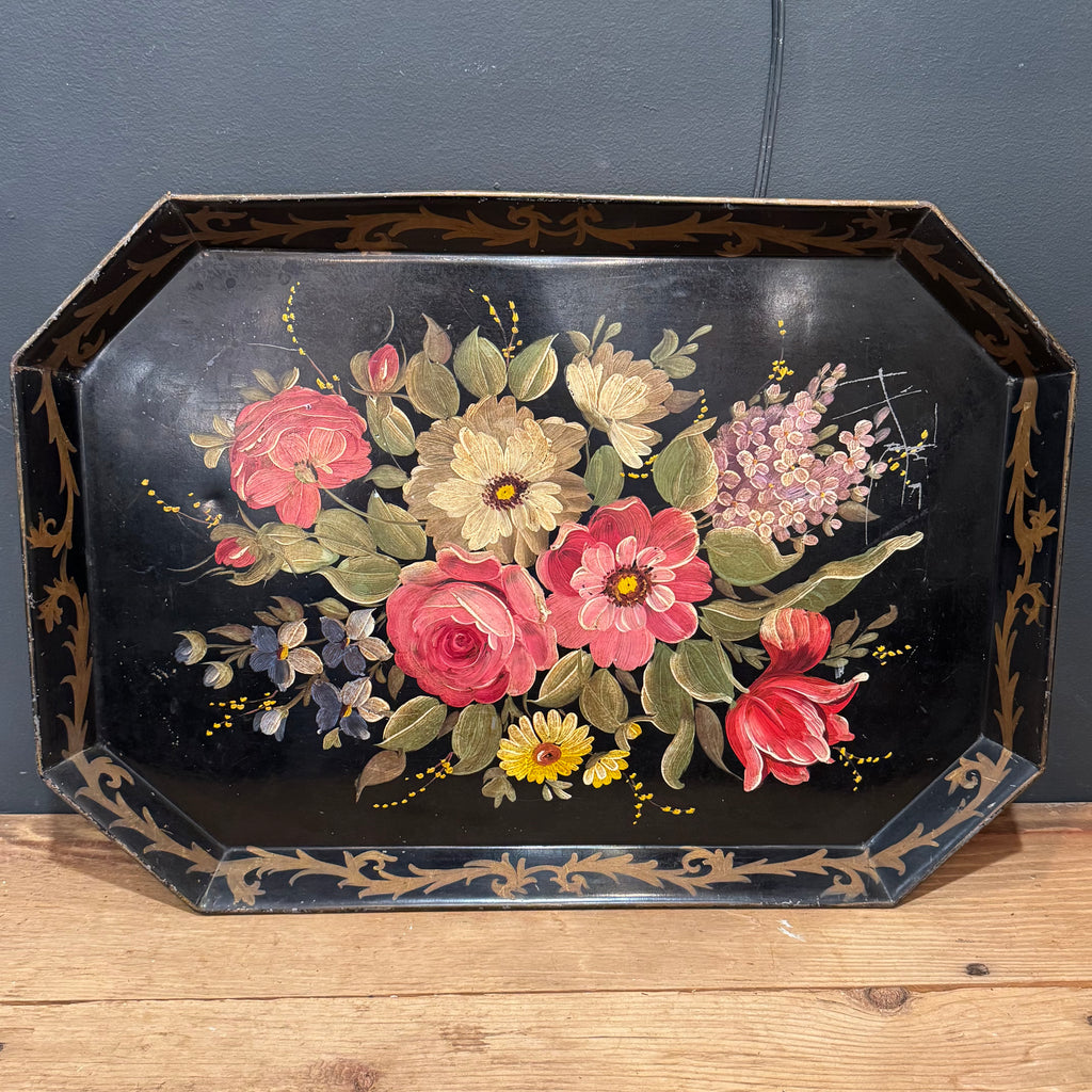 Vintage Hand-Painted Floral Tole Tray