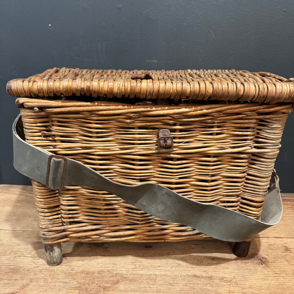 Vintage English Fishing Creel Basket with Original Canvas Strap