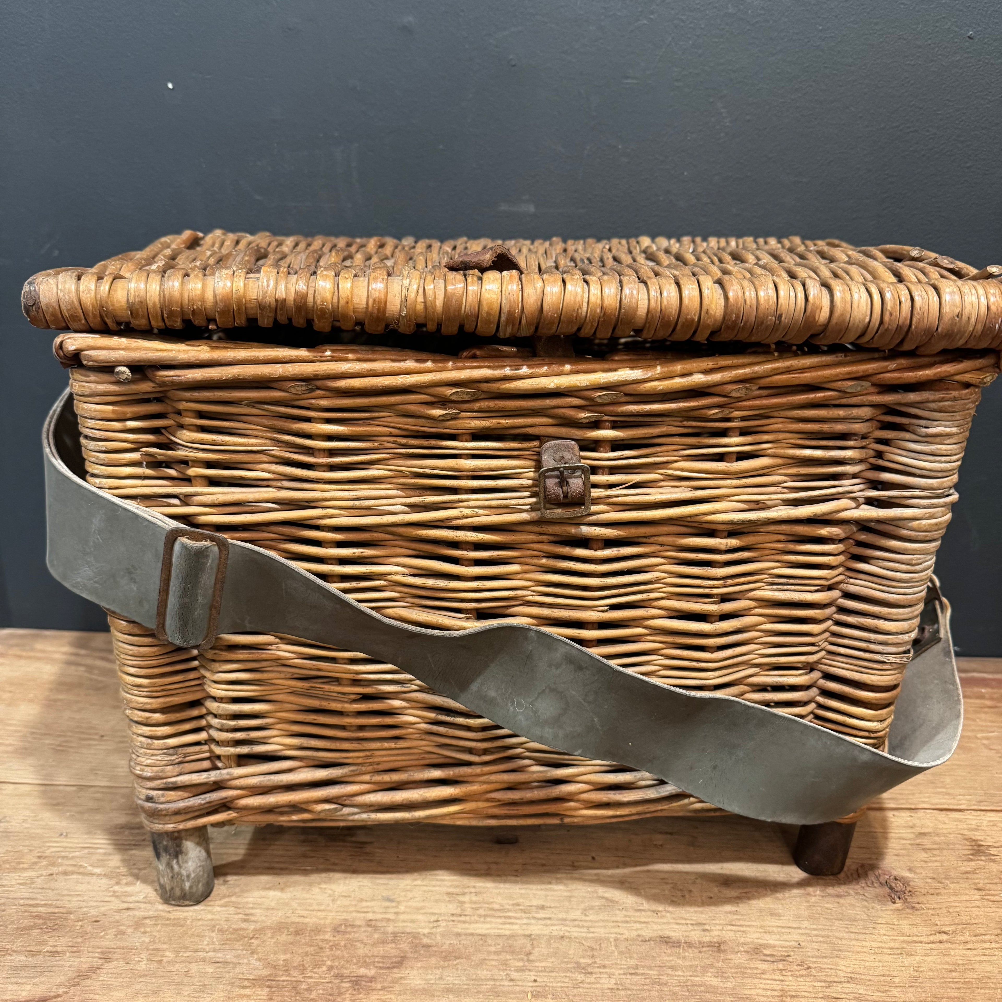 Vintage English Fishing Creel Basket with Original Canvas Strap