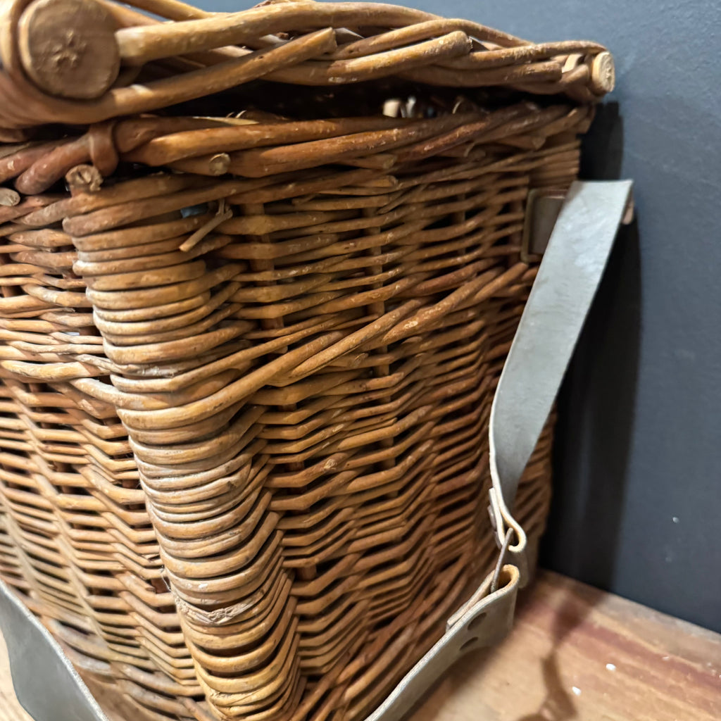 Vintage English Fishing Creel Basket with Original Canvas Strap