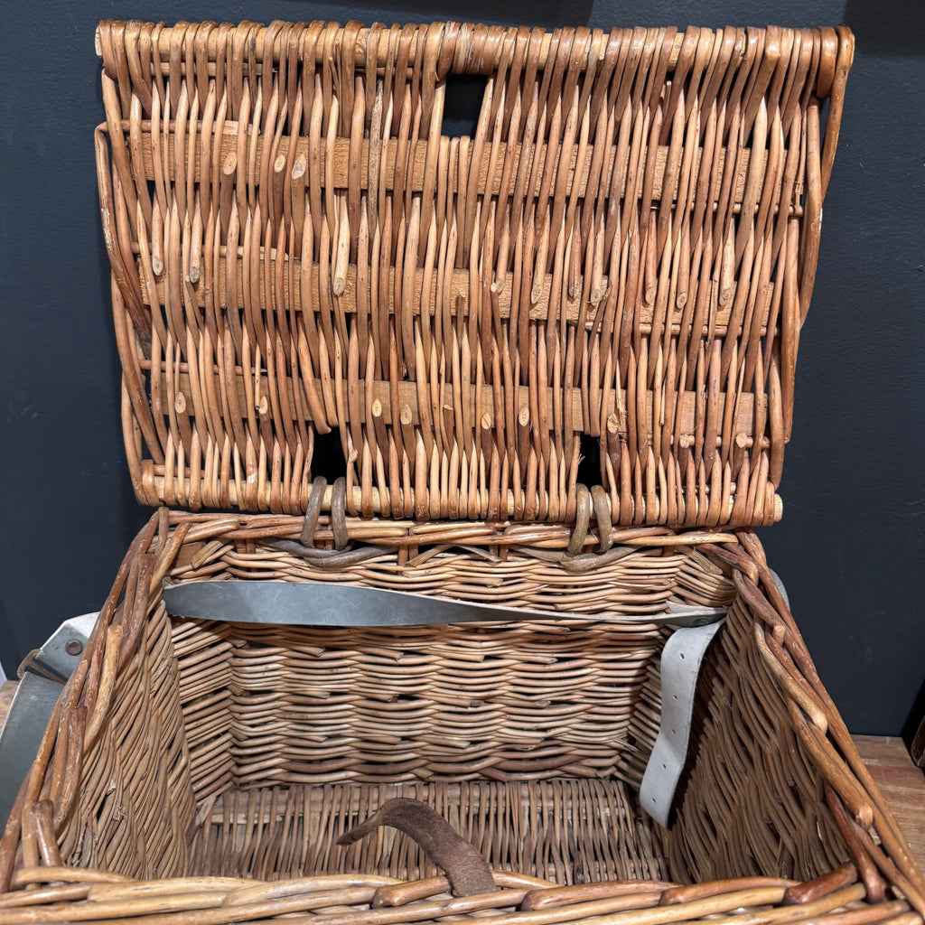 Vintage English Fishing Creel Basket with Original Canvas Strap