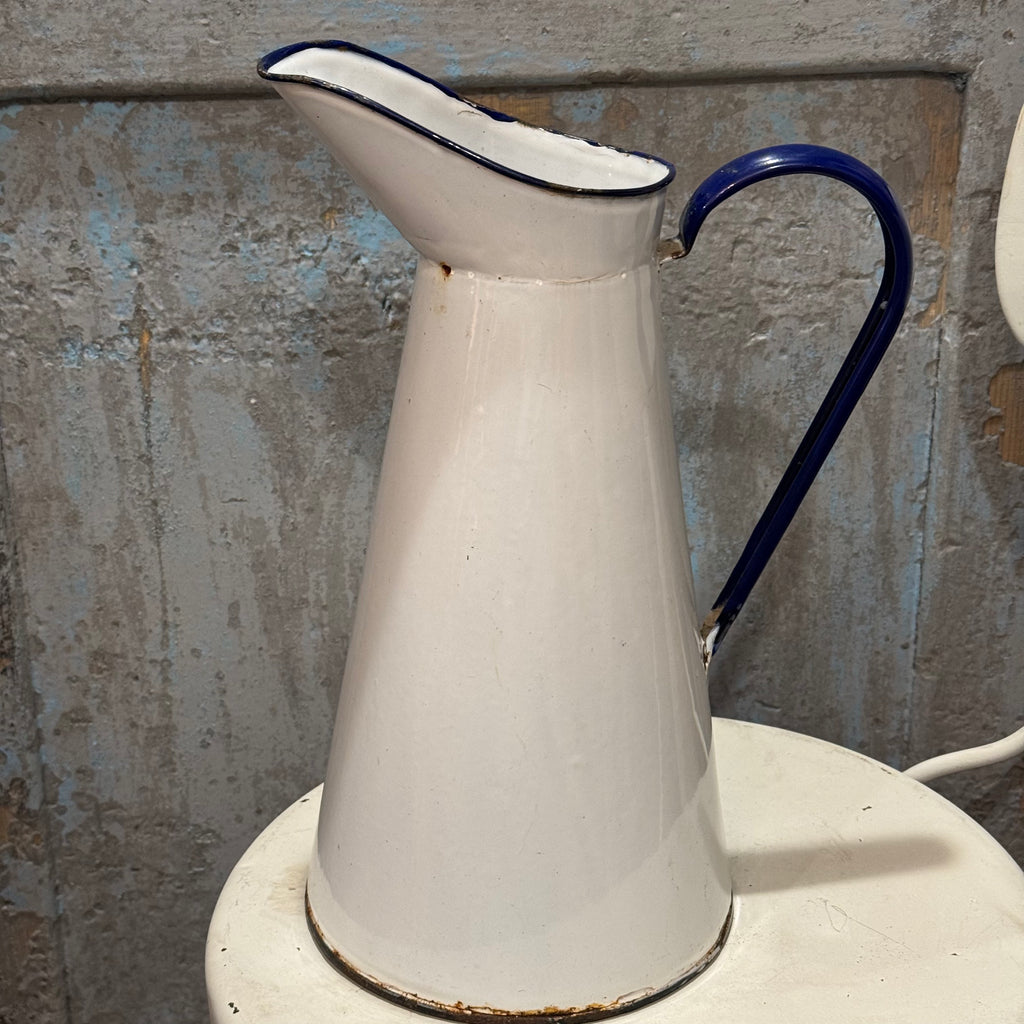 Antique French White Enamelware Pitcher with Cobalt Blue Trim, 4 Liter