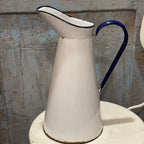 Antique French White Enamelware Pitcher with Cobalt Blue Trim, 4 Liter