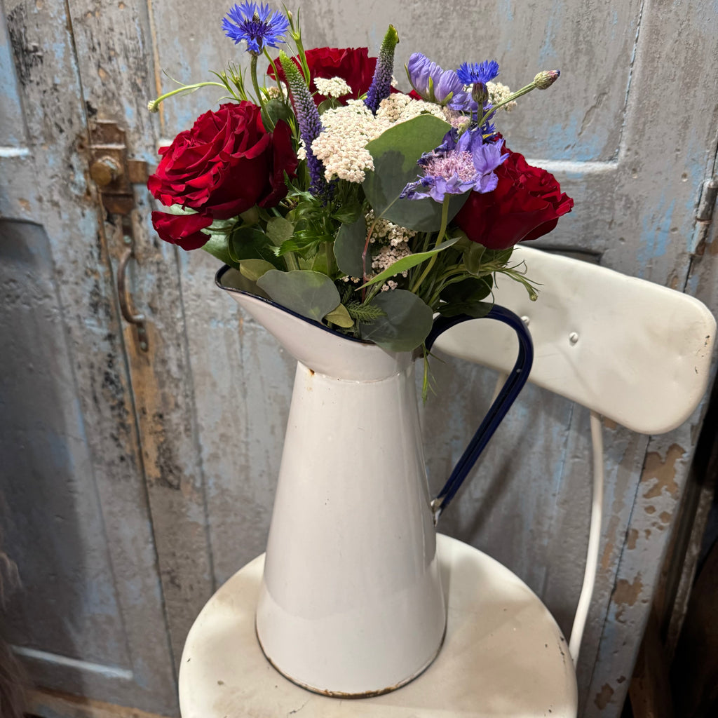 Antique French White Enamelware Pitcher with Cobalt Blue Trim, 4 Liter