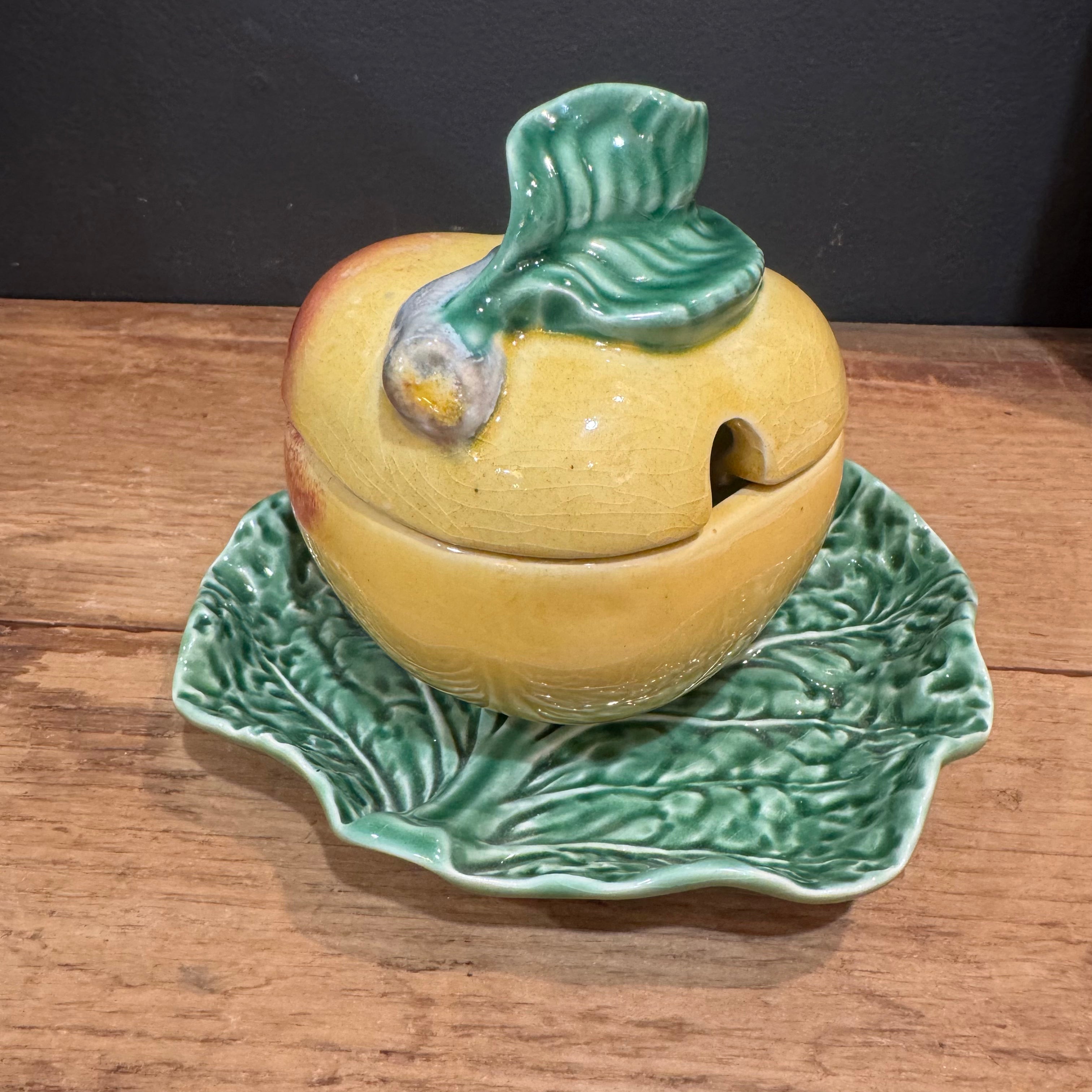 Vintage Bordallo Pinheiro Majolica Apple Jam Pot with Leaf Underplate
