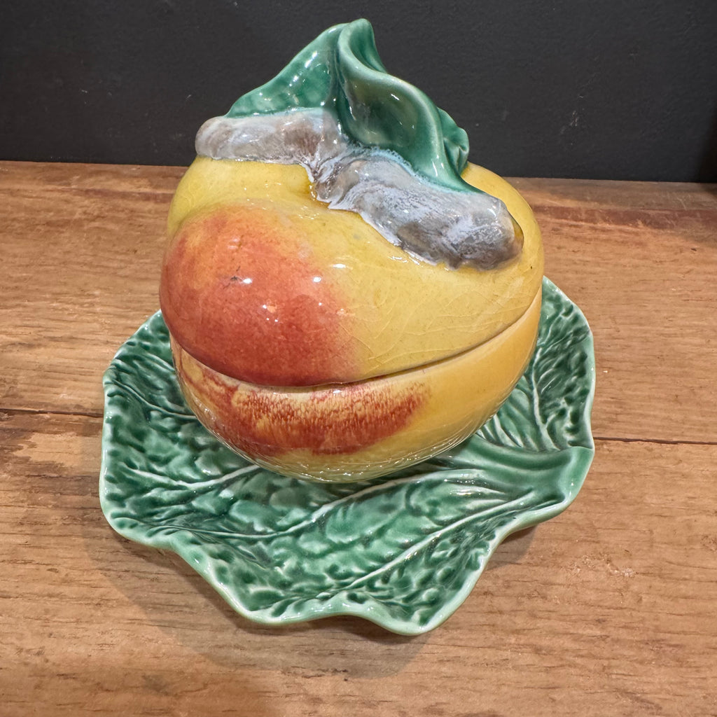 Vintage Bordallo Pinheiro Majolica Apple Jam Pot with Leaf Underplate
