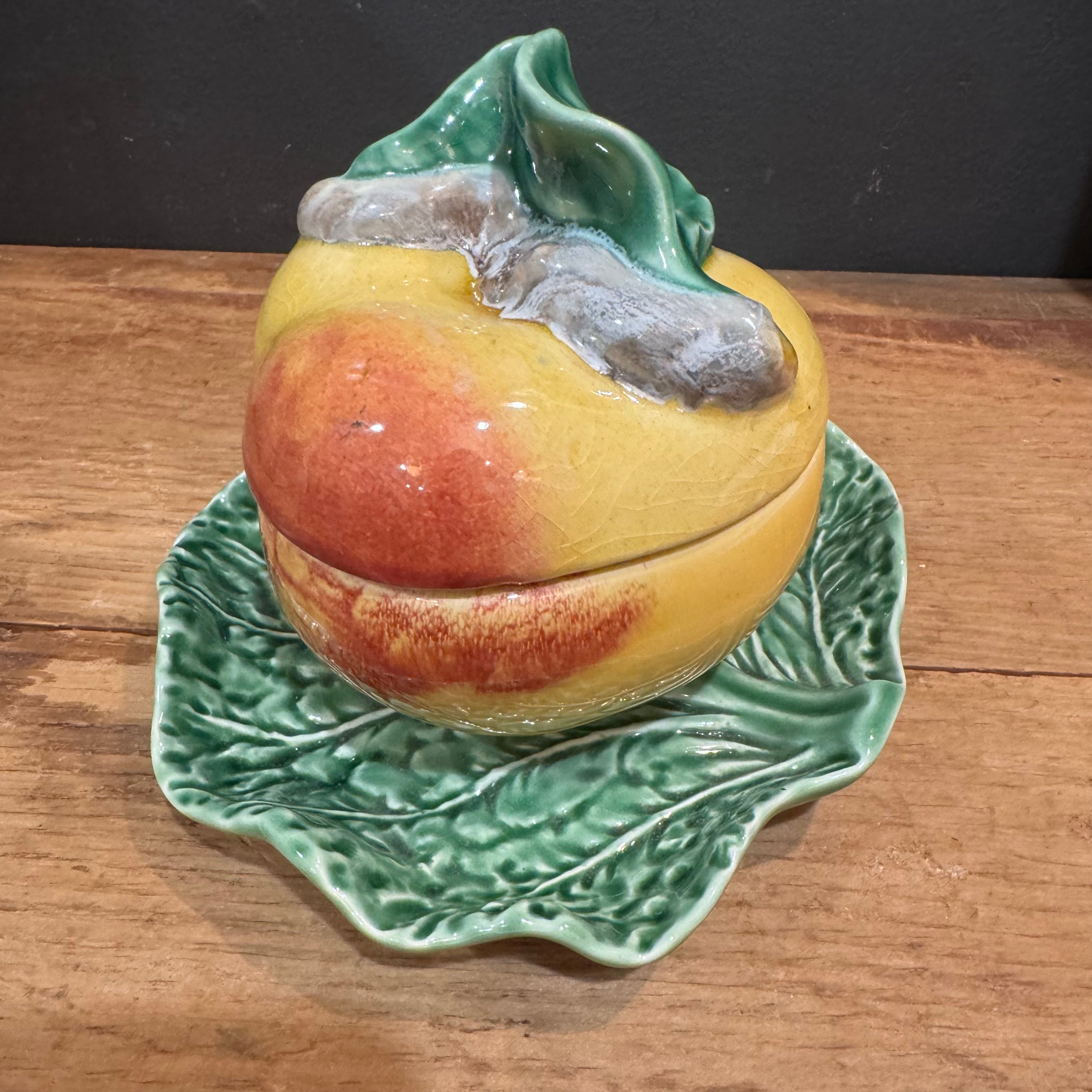 Vintage Bordallo Pinheiro Majolica Apple Jam Pot with Leaf Underplate