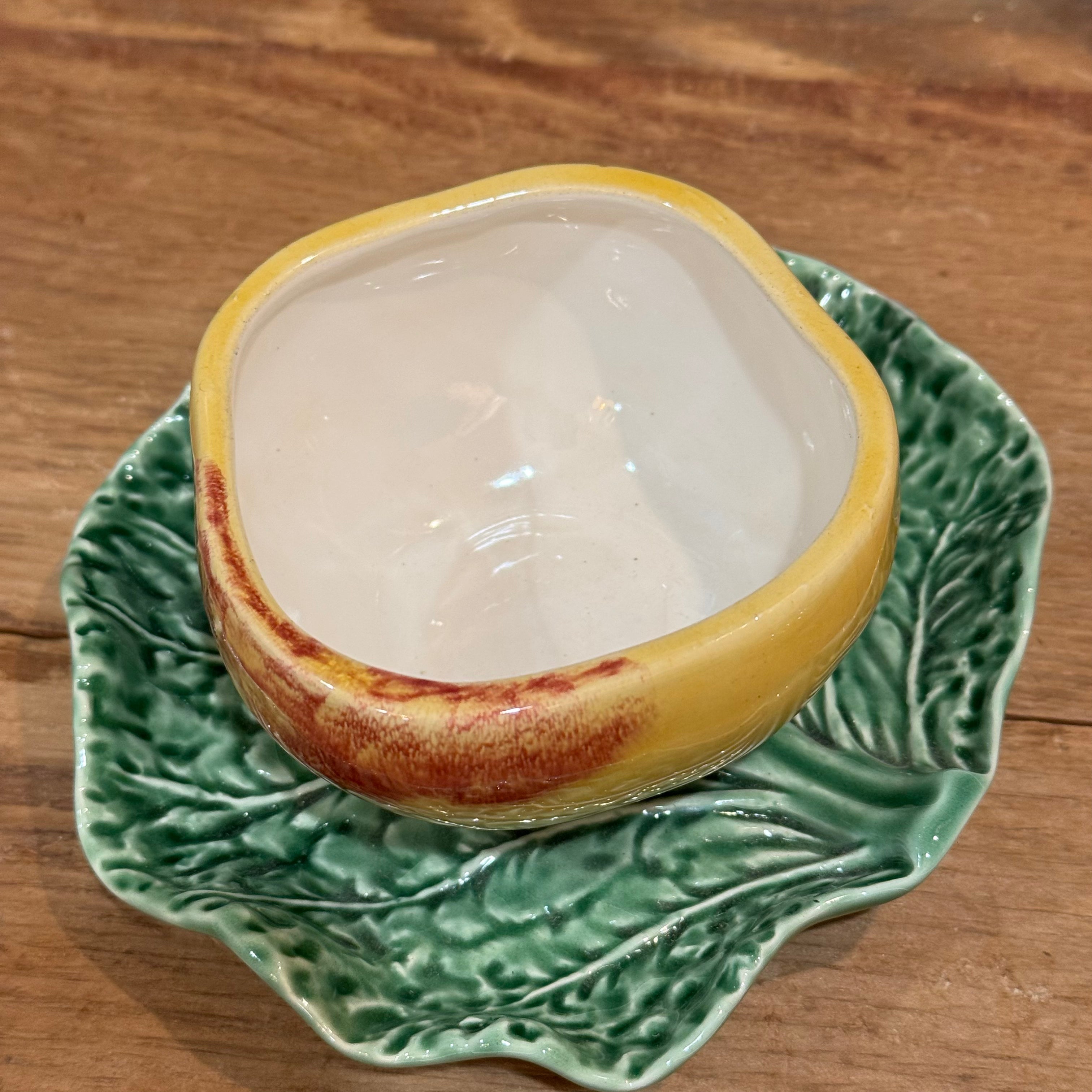 Vintage Bordallo Pinheiro Majolica Apple Jam Pot with Leaf Underplate