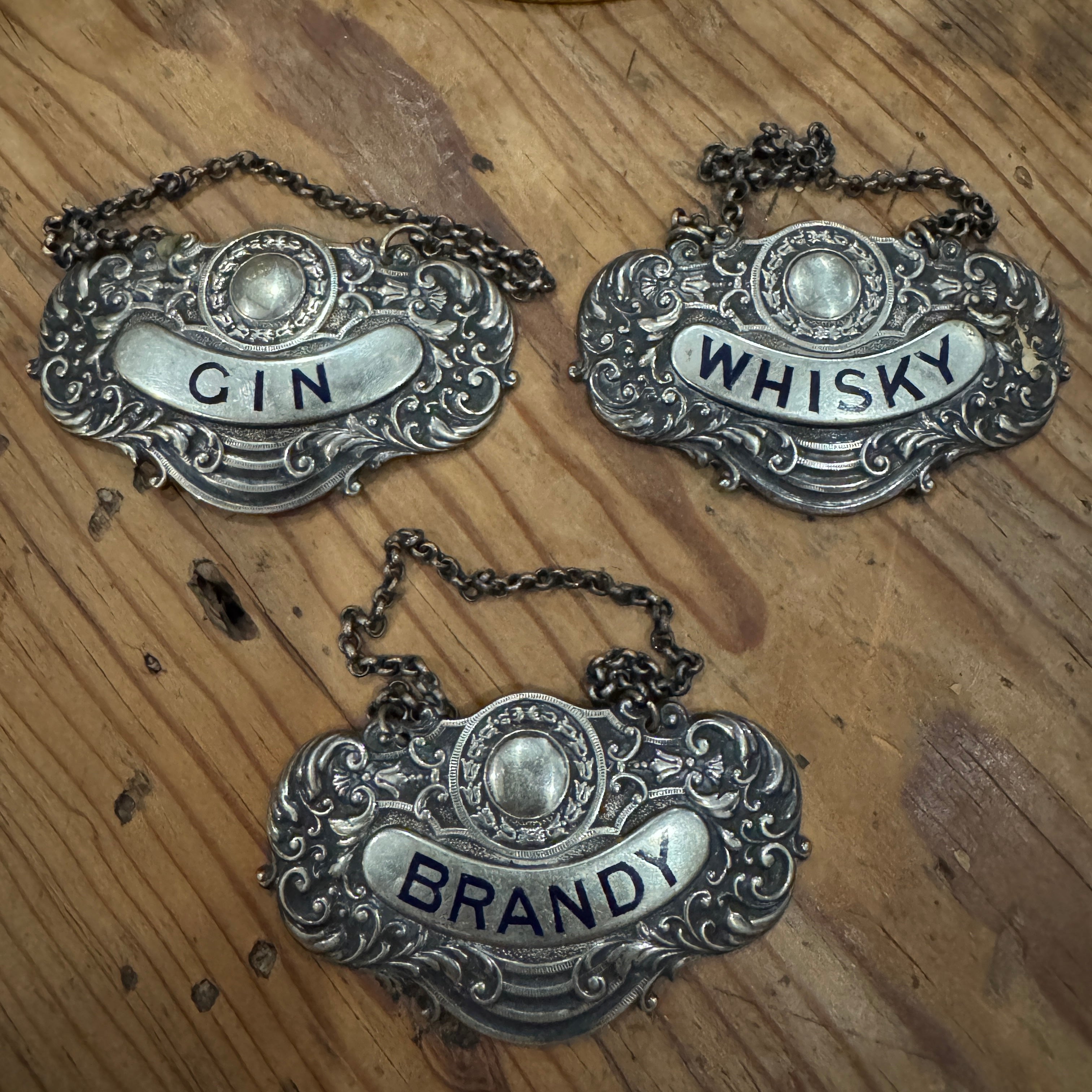 Vintage English Silver plate Decanter Tags — Gin, Whisky & Brandy ...