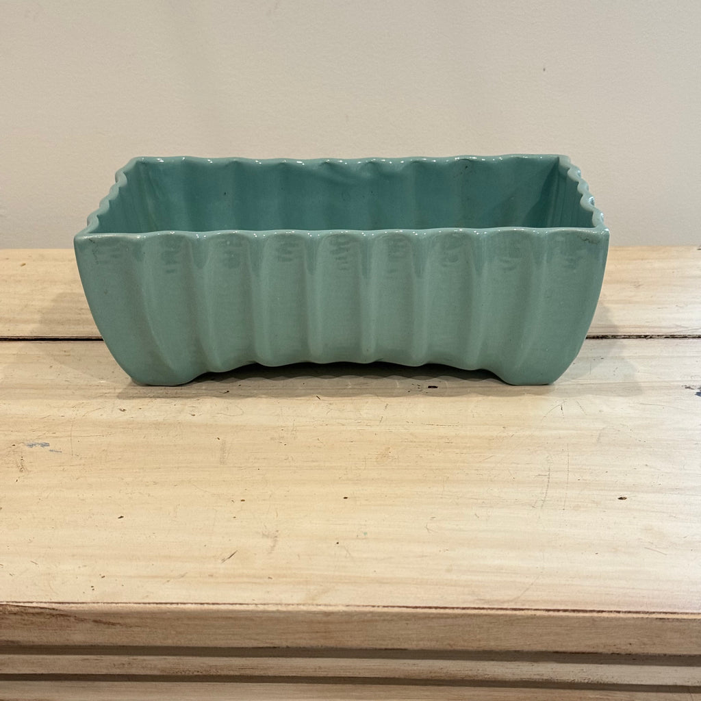 Vintage Aqua Ribbed Rectangular Ceramic Planter