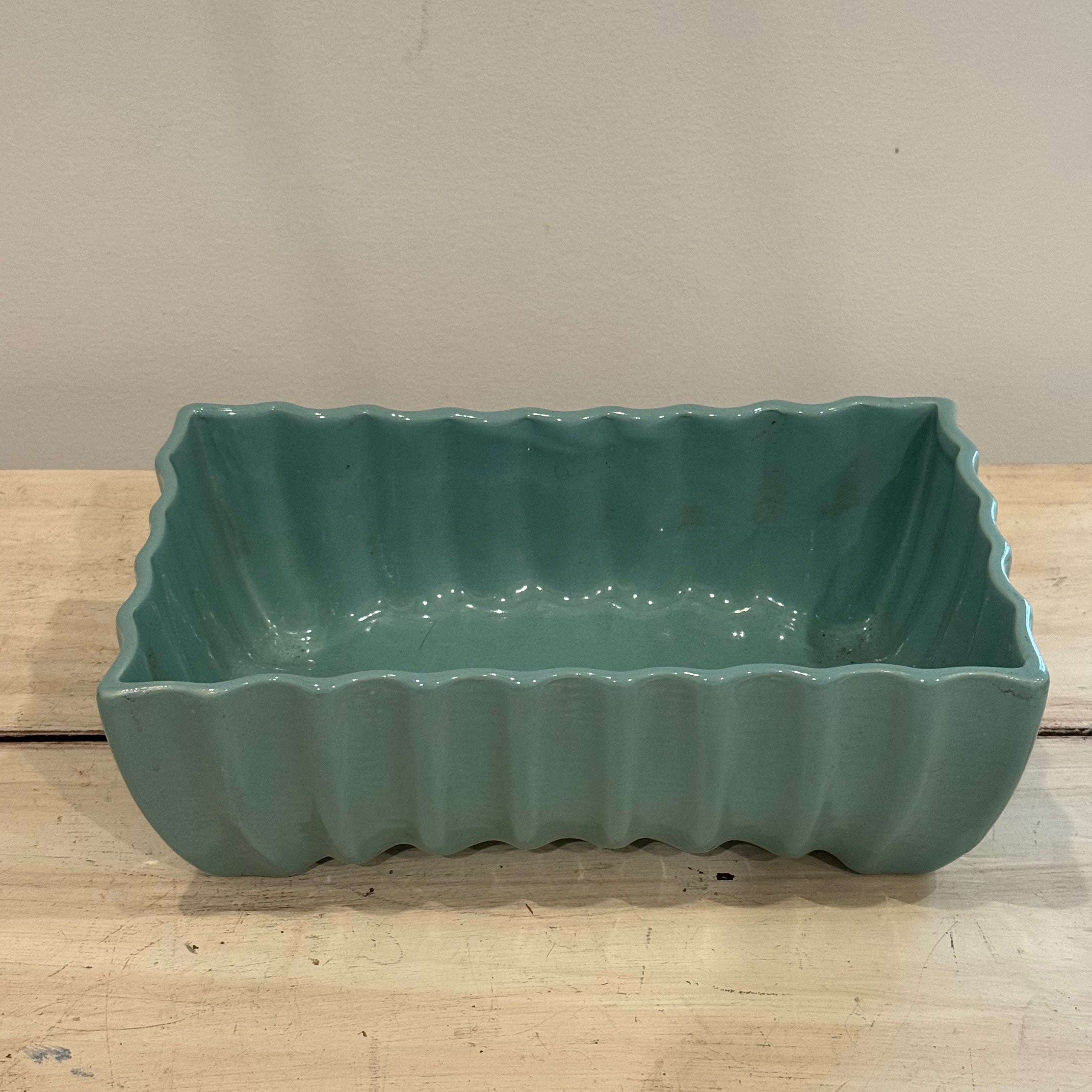 Vintage Aqua Ribbed Rectangular Ceramic Planter