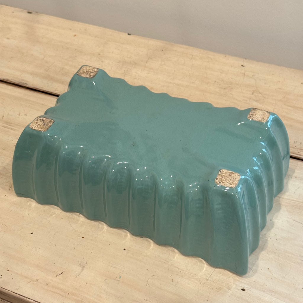 Vintage Aqua Ribbed Rectangular Ceramic Planter