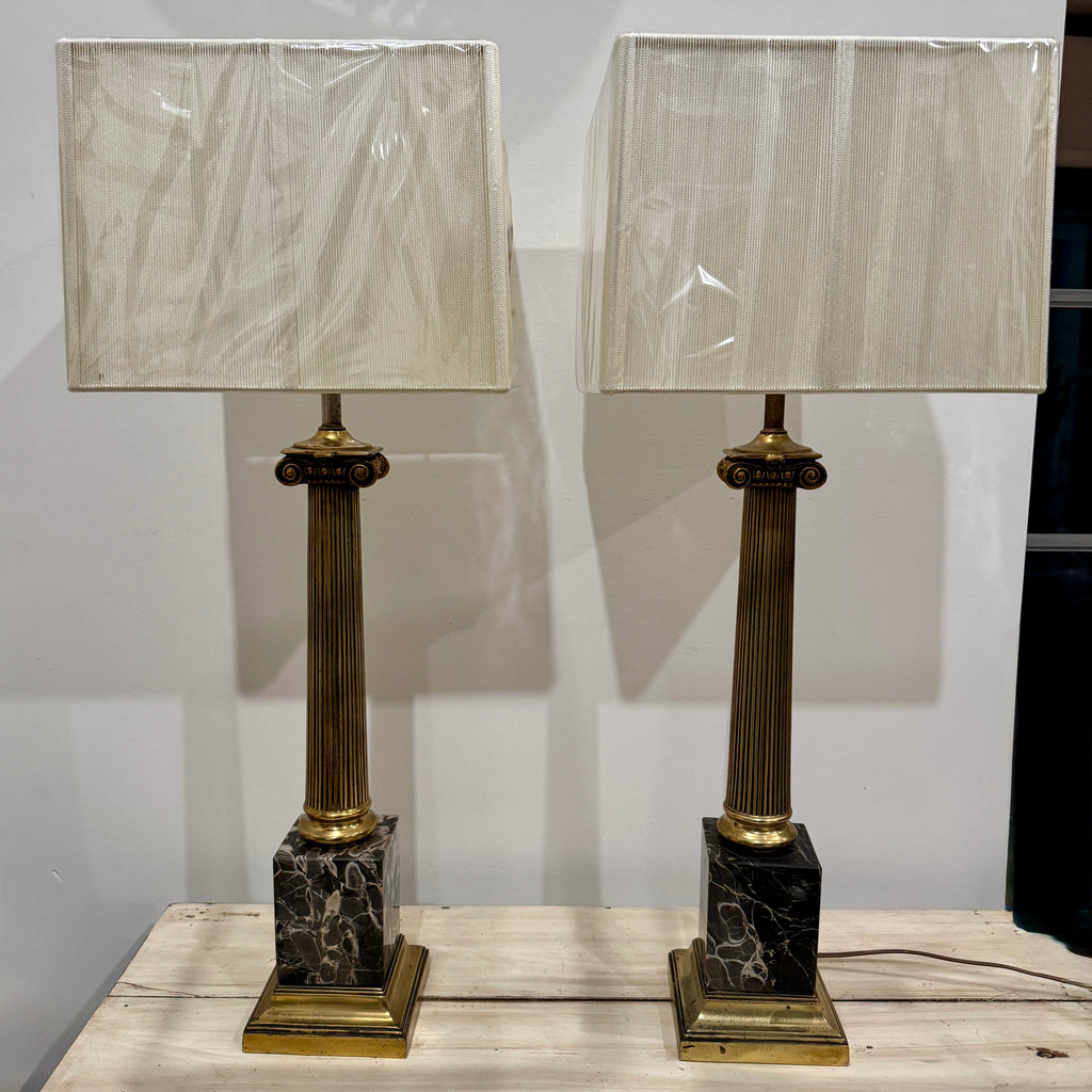 Neoclassical Brass & Black Marble Column Lamps — Pair