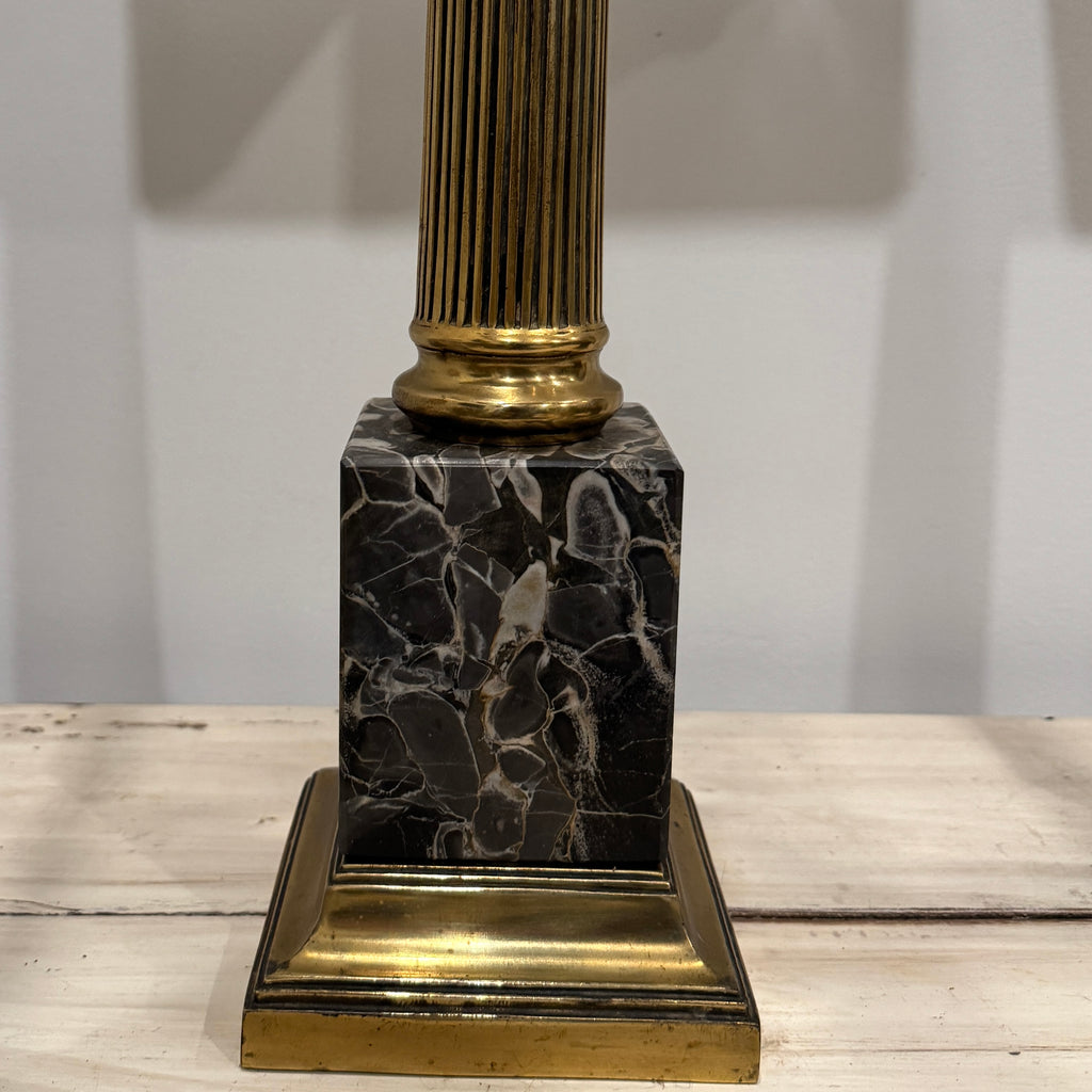 Neoclassical Brass & Black Marble Column Lamps — Pair