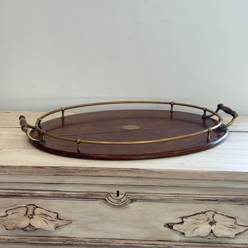 Edwardian English Oak & Brass Galleried Serving Tray