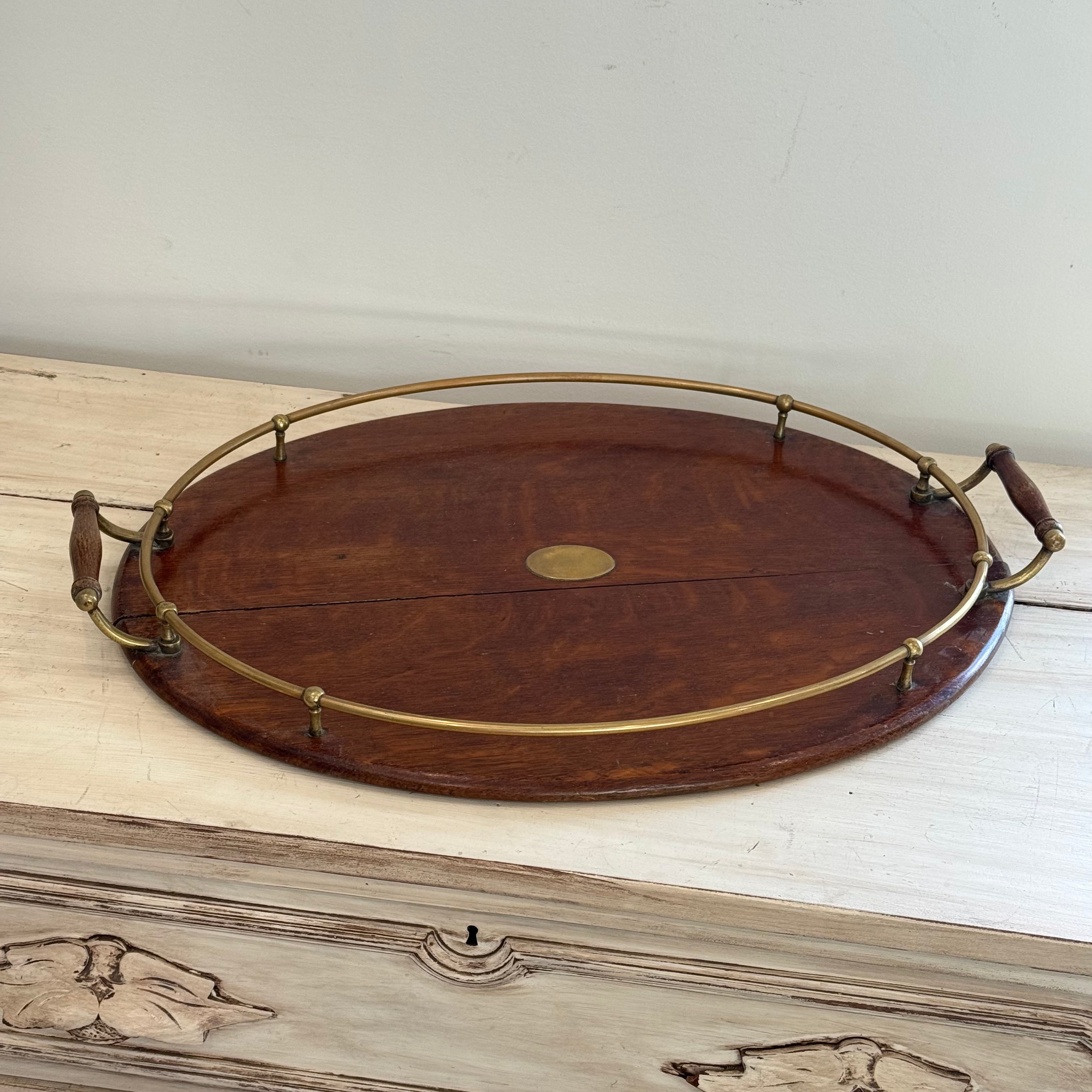 Edwardian English Oak & Brass Galleried Serving Tray