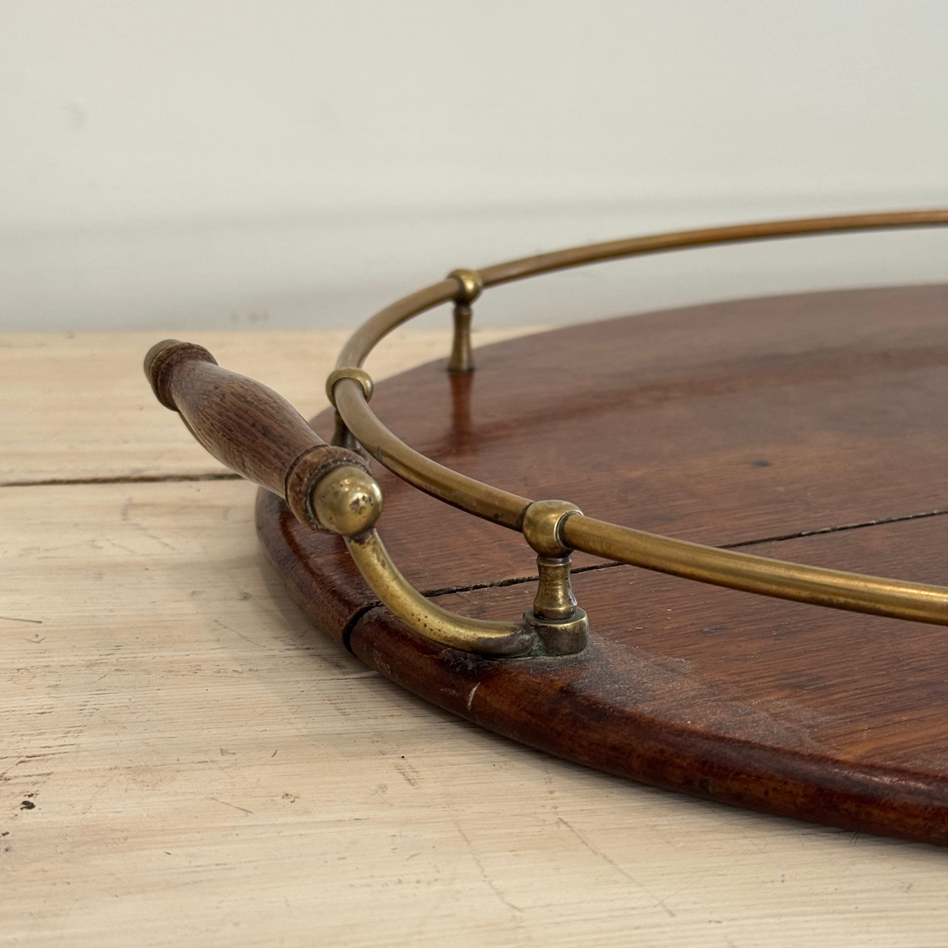 Edwardian English Oak & Brass Galleried Serving Tray