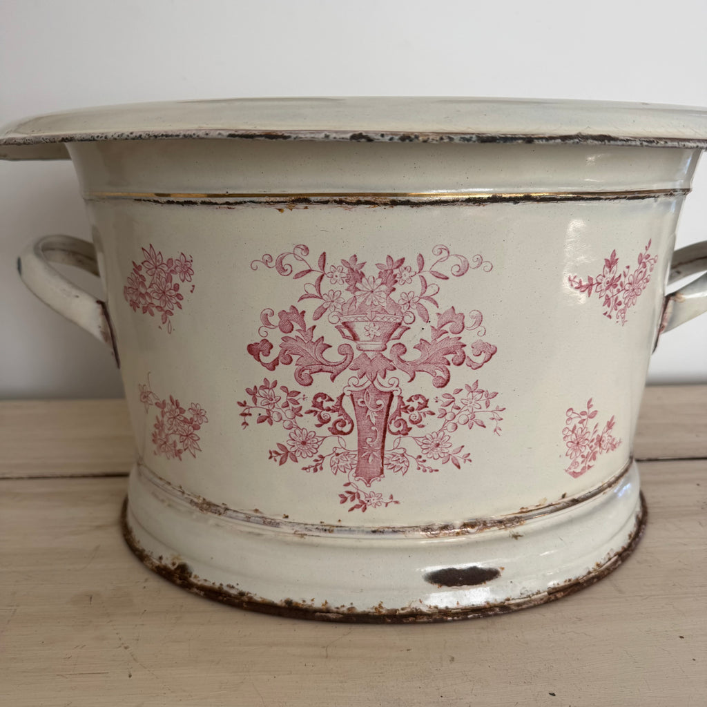 Antique French Enamel Vessel with Rose Transfer Décor