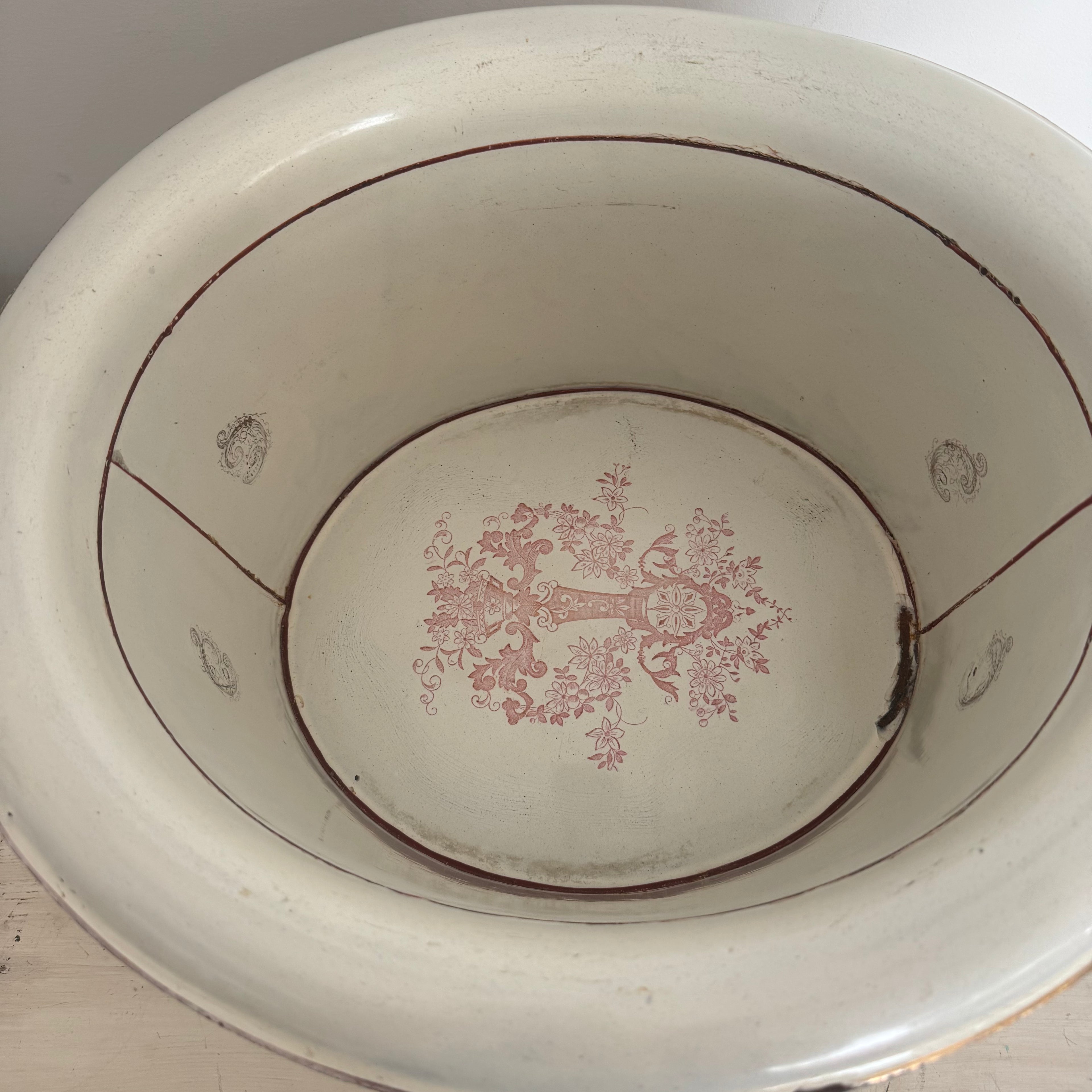 Antique French Enamel Vessel with Rose Transfer Décor