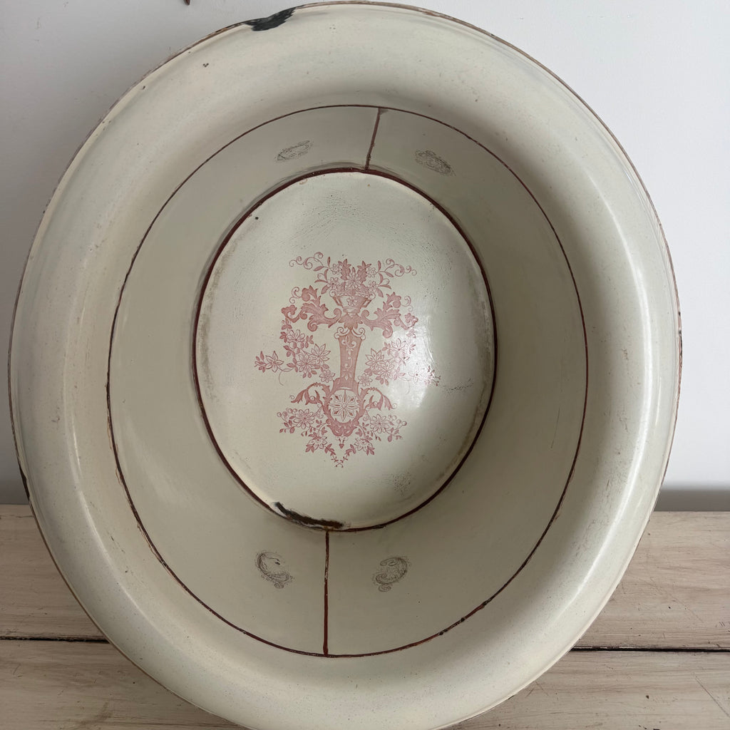 Antique French Enamel Vessel with Rose Transfer Décor