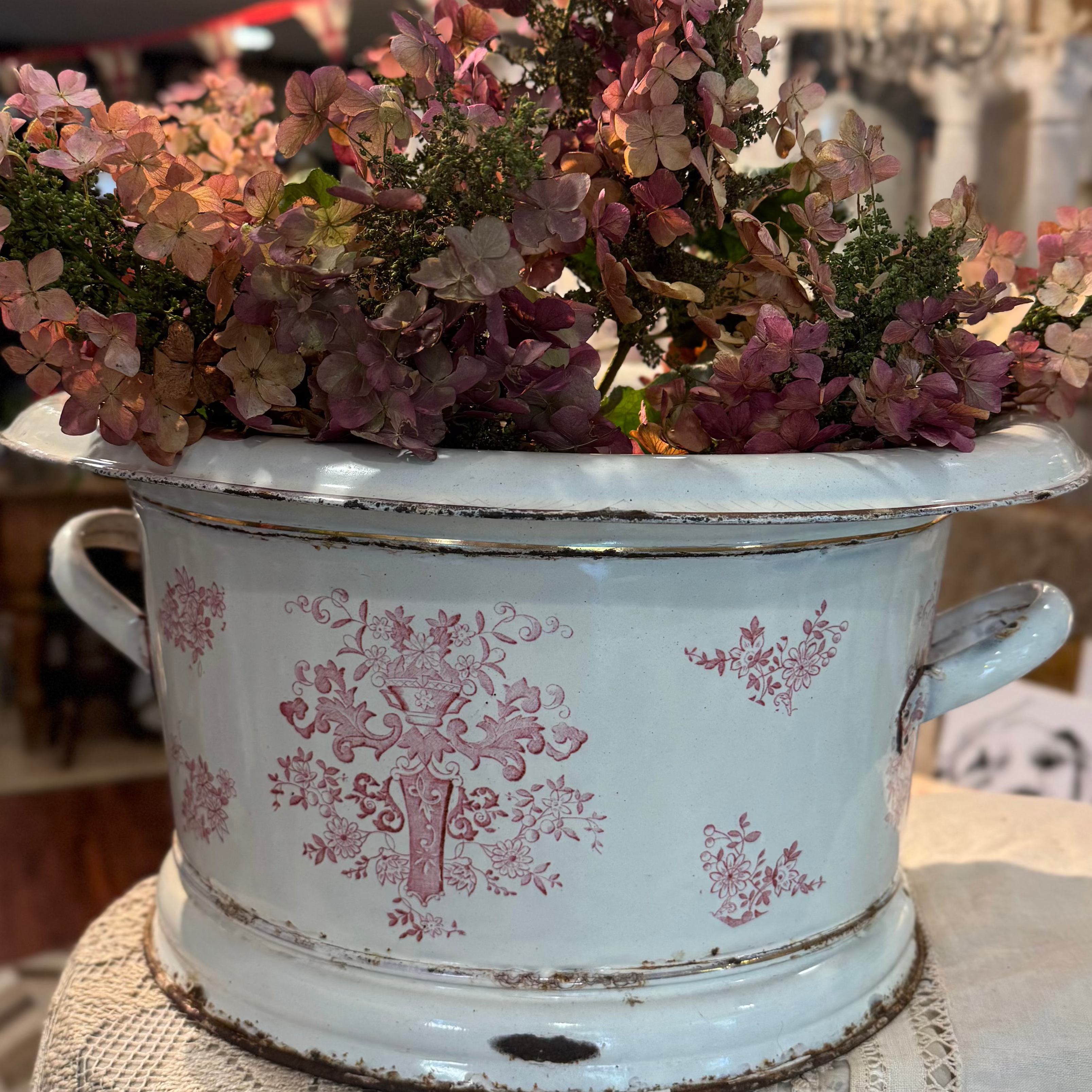 Antique French Enamel Vessel with Rose Transfer Décor
