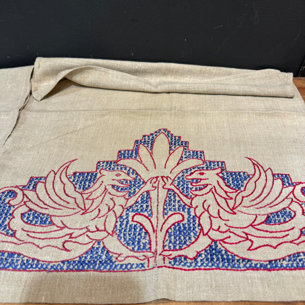 Vintage English Hand Embroidered Teal Towel