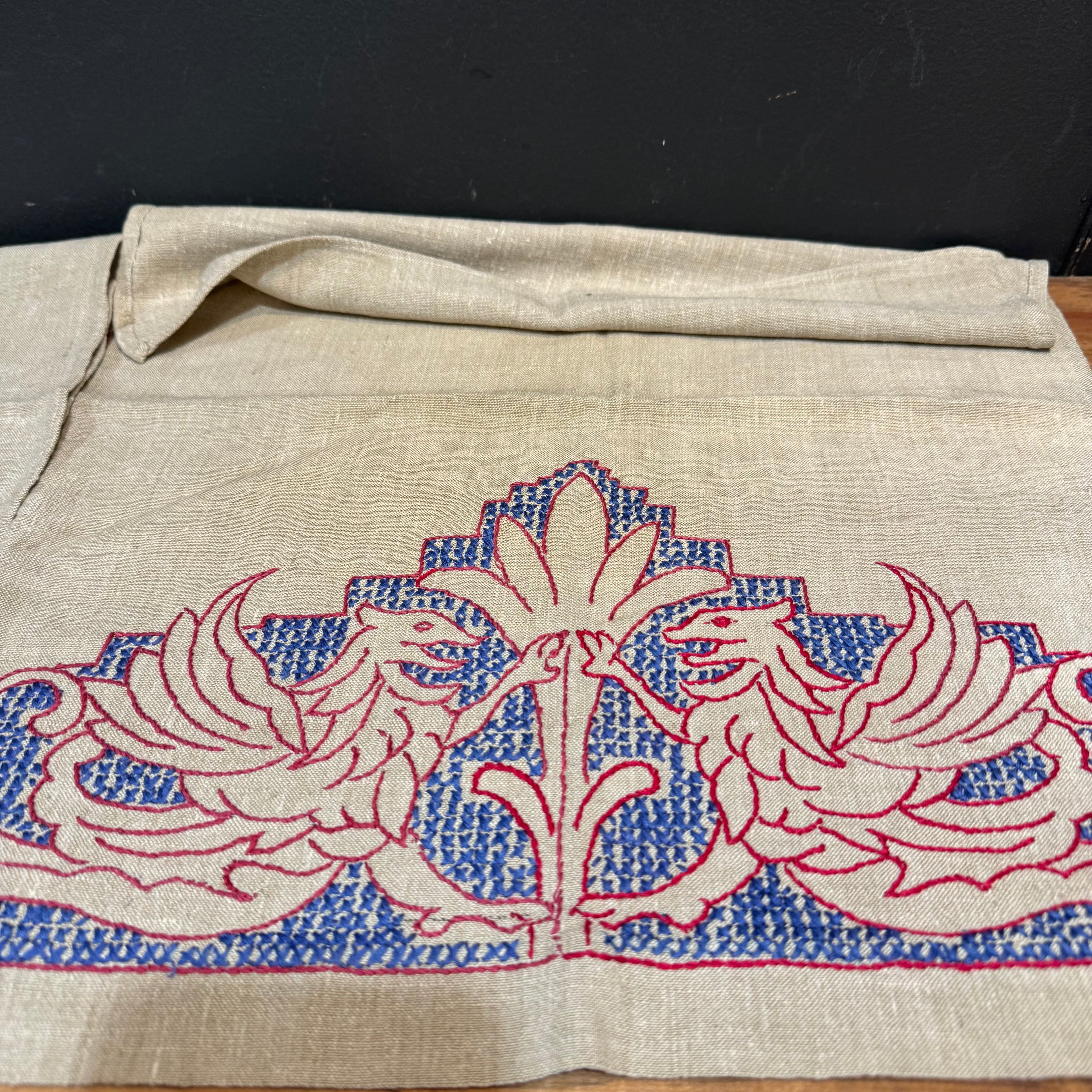 Vintage English Hand Embroidered Teal Towel