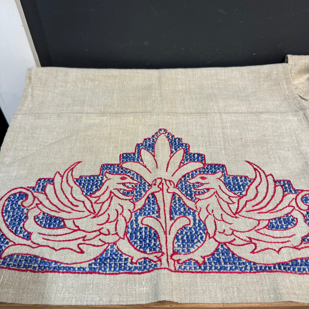 Vintage English Hand Embroidered Teal Towel