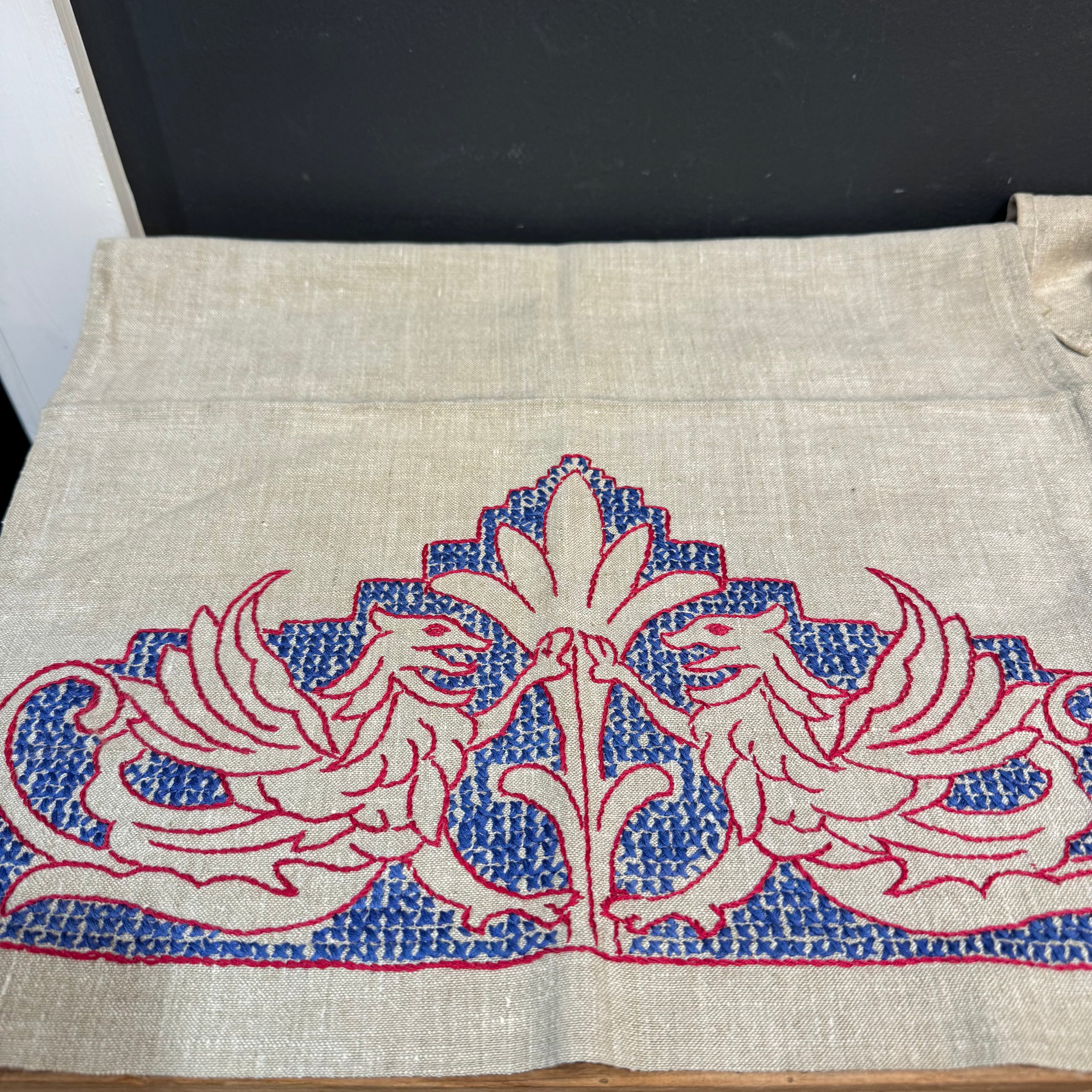 Vintage English Hand Embroidered Teal Towel