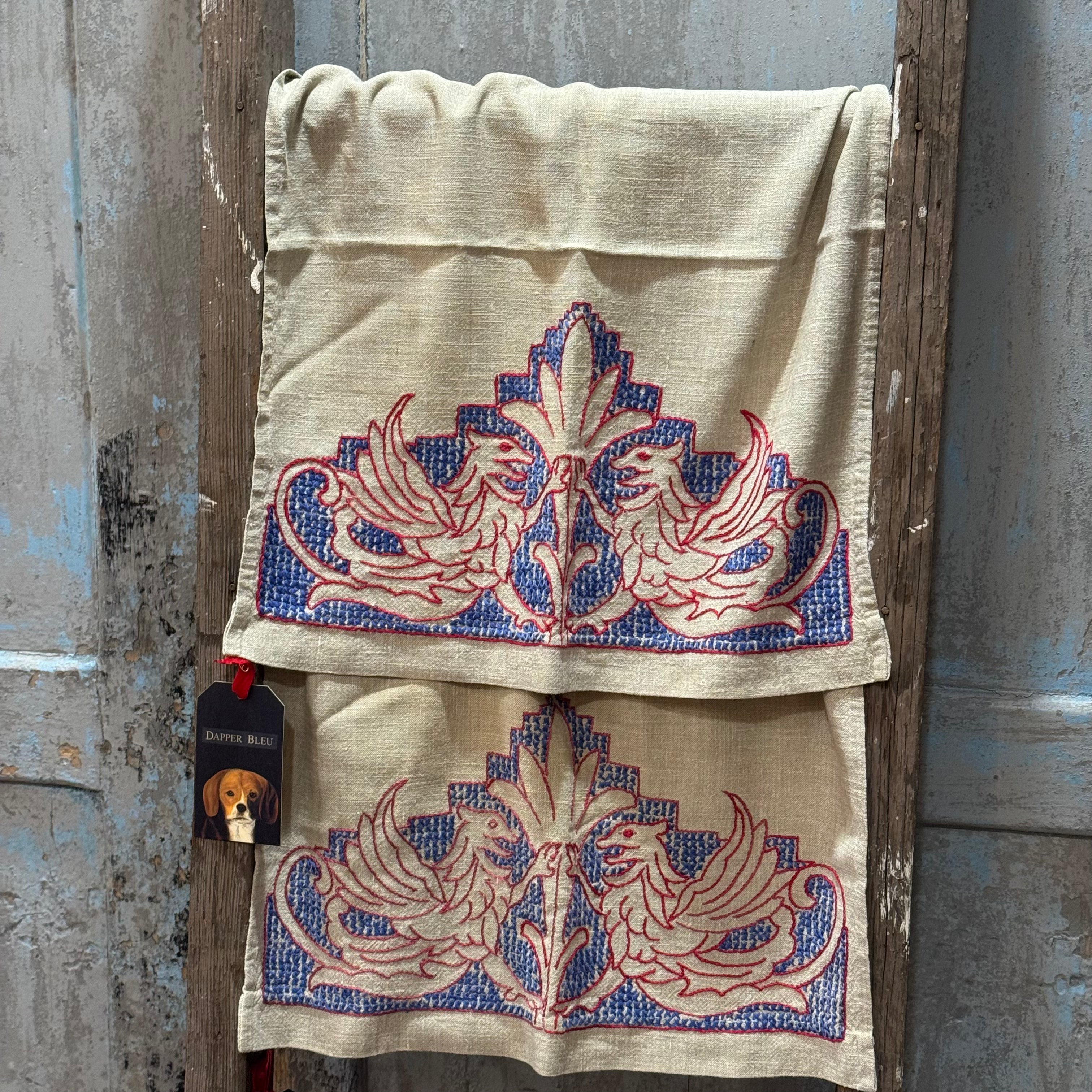 Vintage English Hand Embroidered Teal Towel