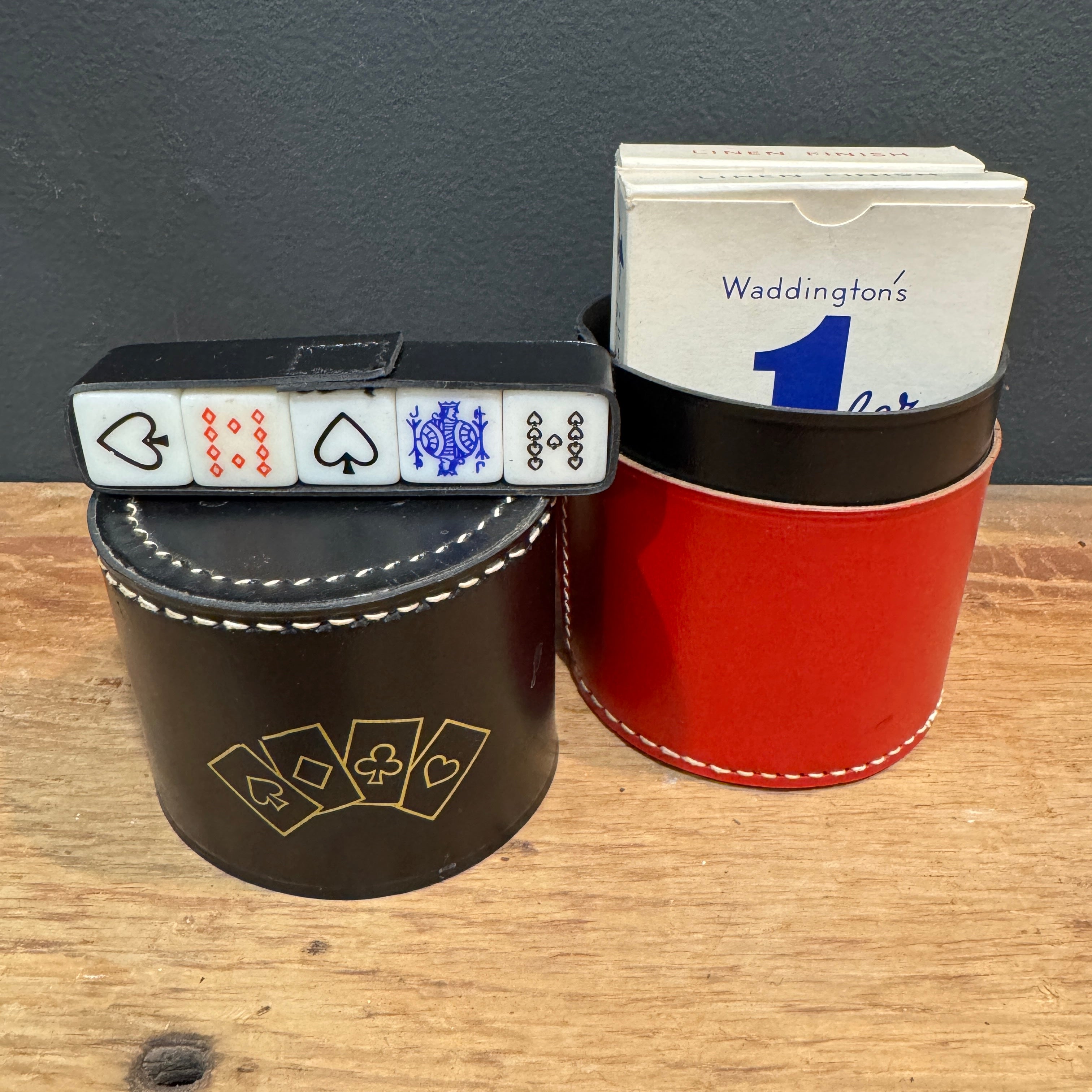 Vintage Waddington’s Leather Poker Dice Cup Set — England