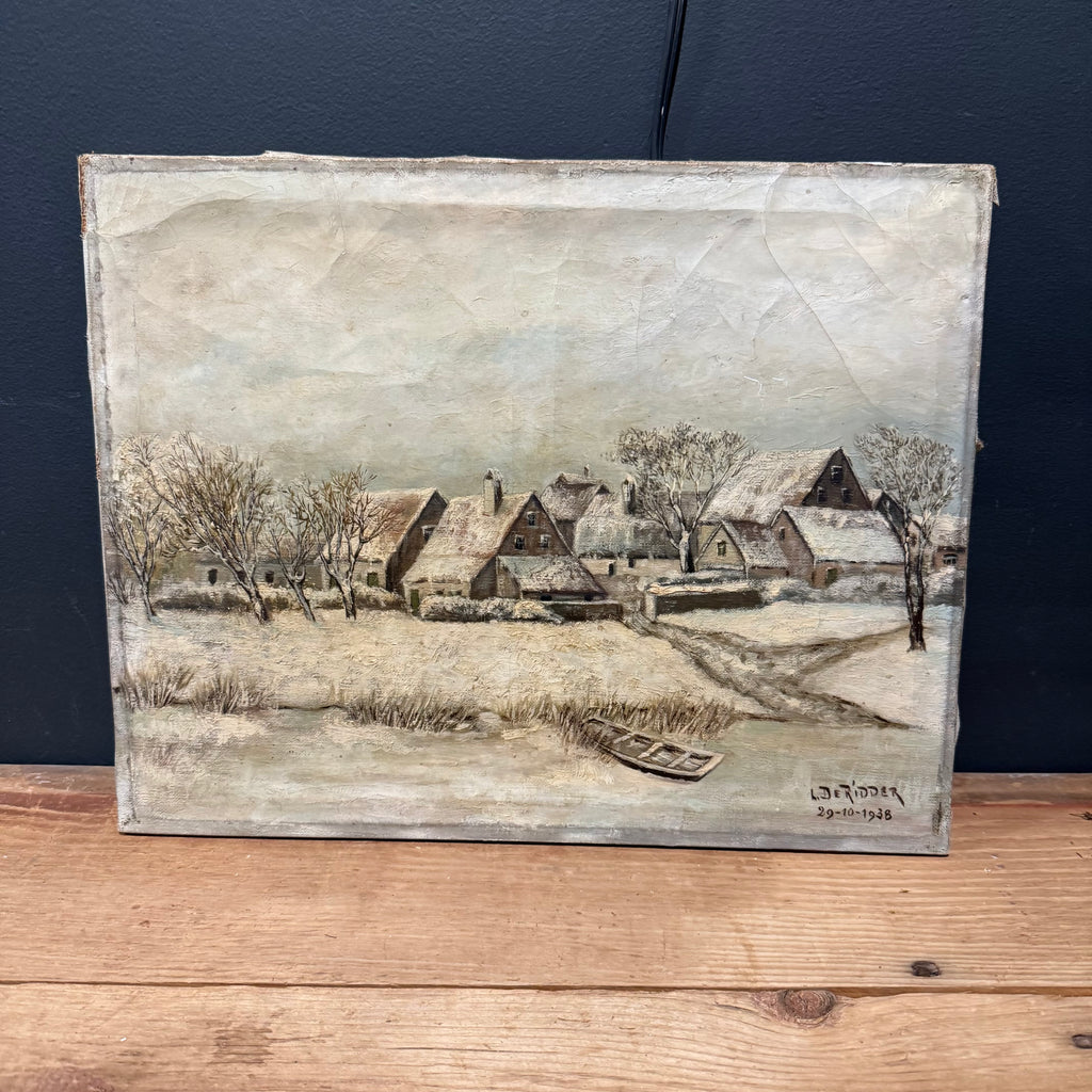 L. De Riddler Winter Village Oil Painting
