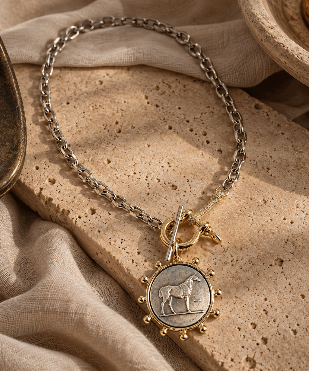 Mixed Metal Industrial Toggle Horse Coin Necklace