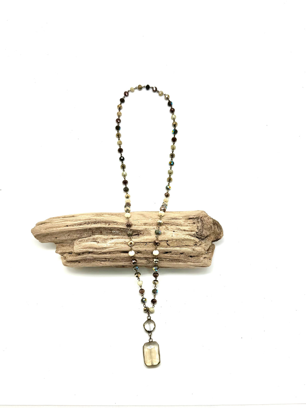 Vintage Style Multi Bead Necklace w/Rectangle Bevelled Drop 30”