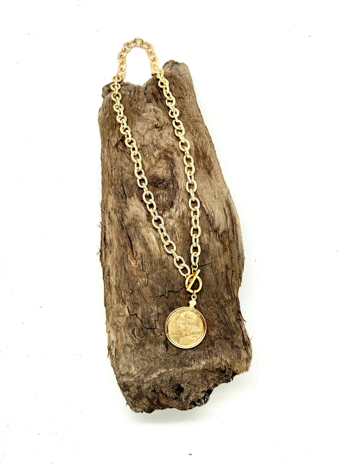 Necklace French Coin Vintage StainlessSteel GoldChain 18”