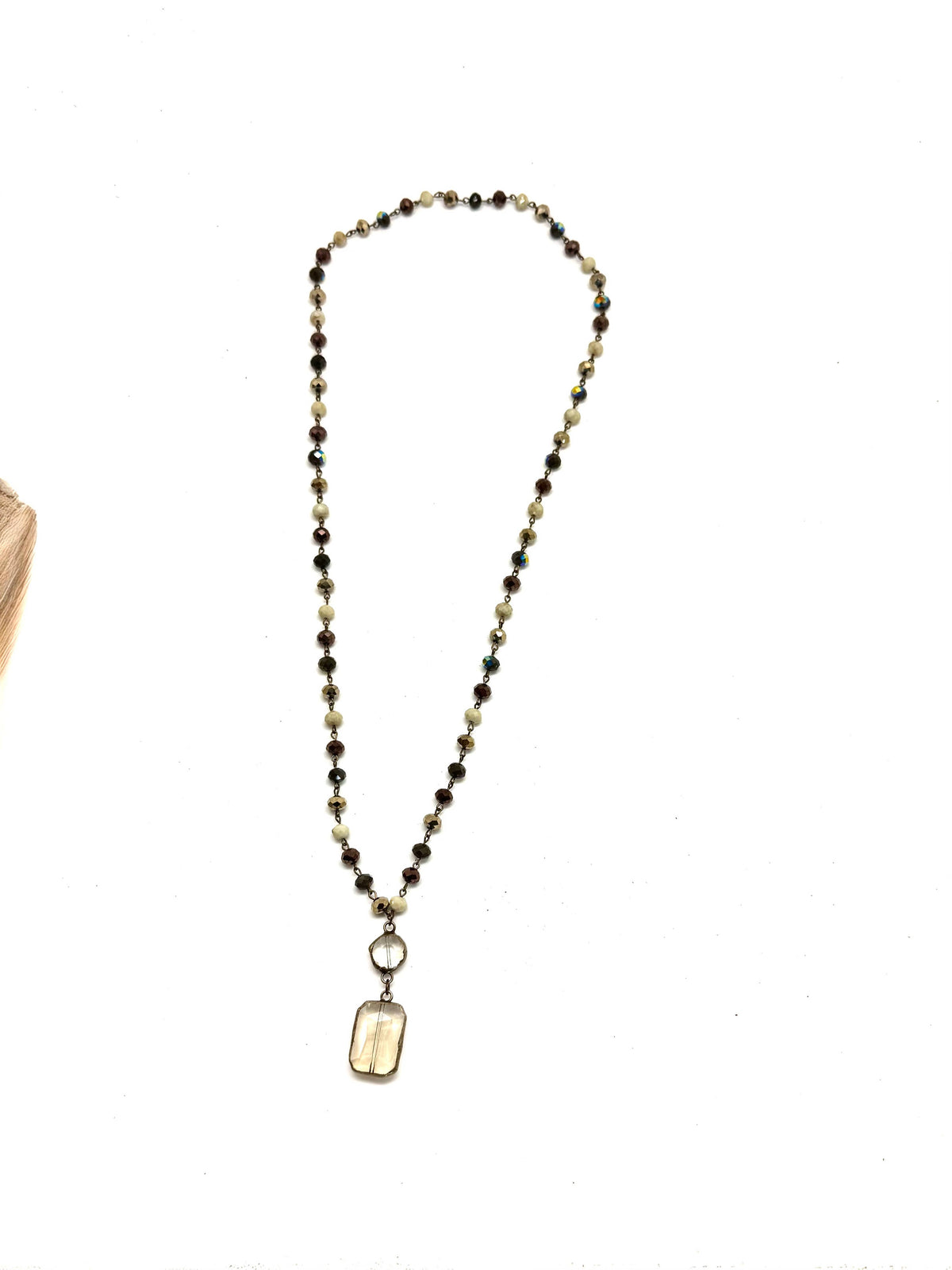 Vintage Style Multi Bead Necklace w/Rectangle Bevelled Drop 30”