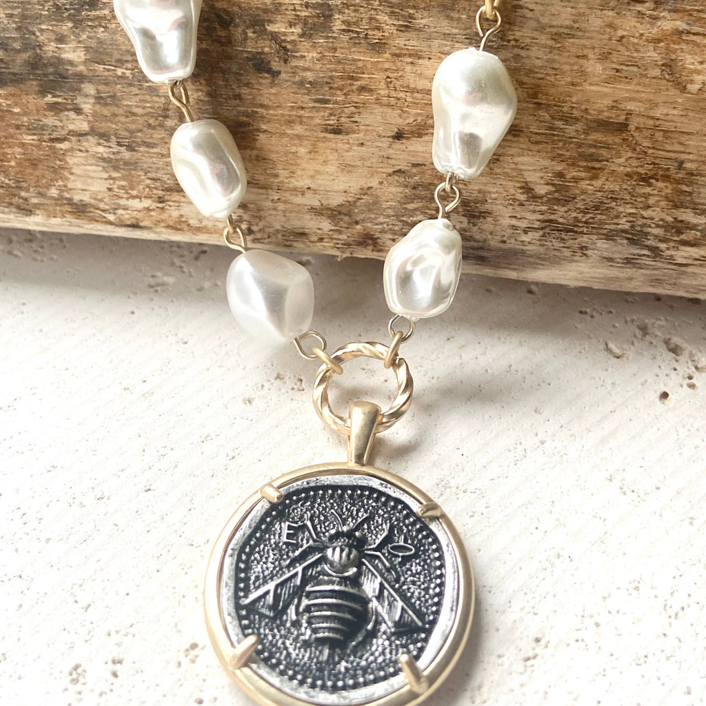 Bee Coin and Vintage Glass Pearl Necklace