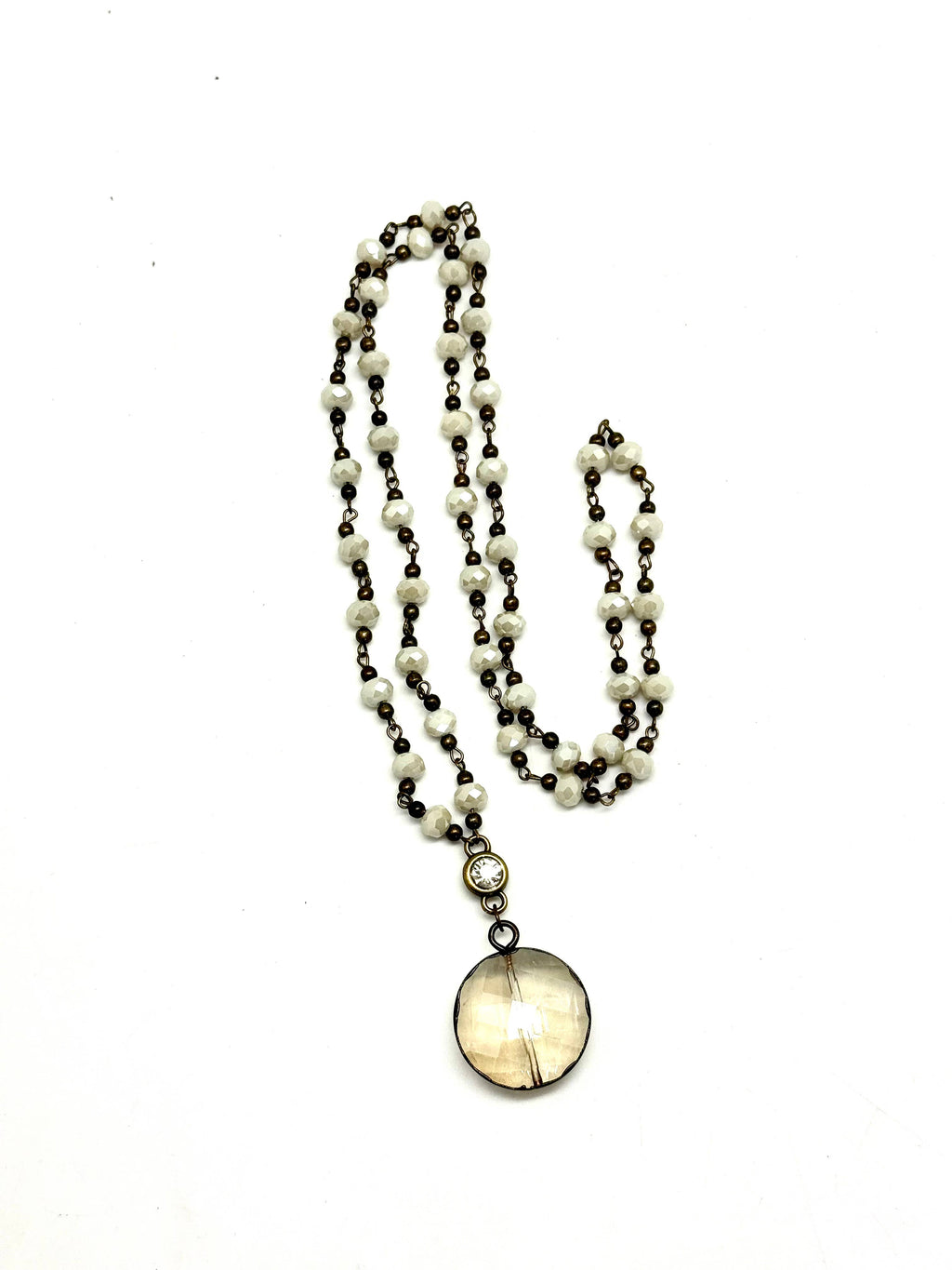 Necklace Vintage Style CreamBead Round Bevelled Glass 30’