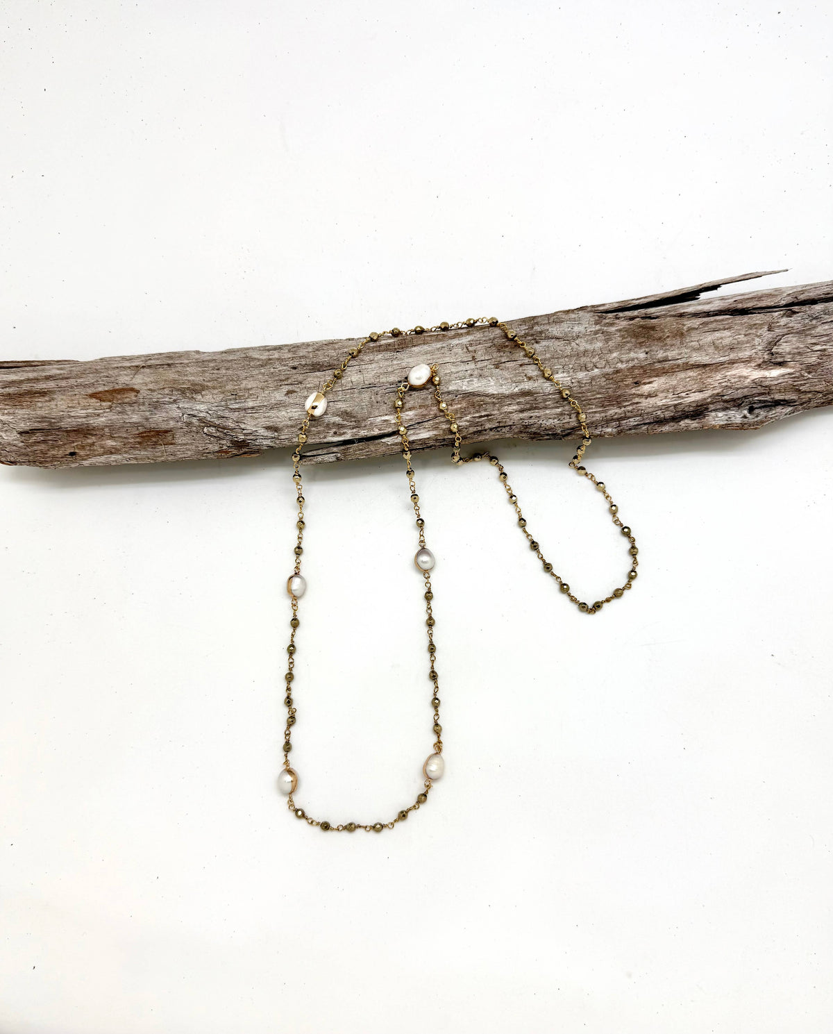 Necklace Freshwater Pearls on Pyrite Hematite Bead Chain 32”
