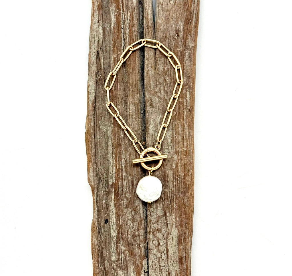 Bracelet Matte Finish Paper Clip Chain w/Freshwater Coin 7”