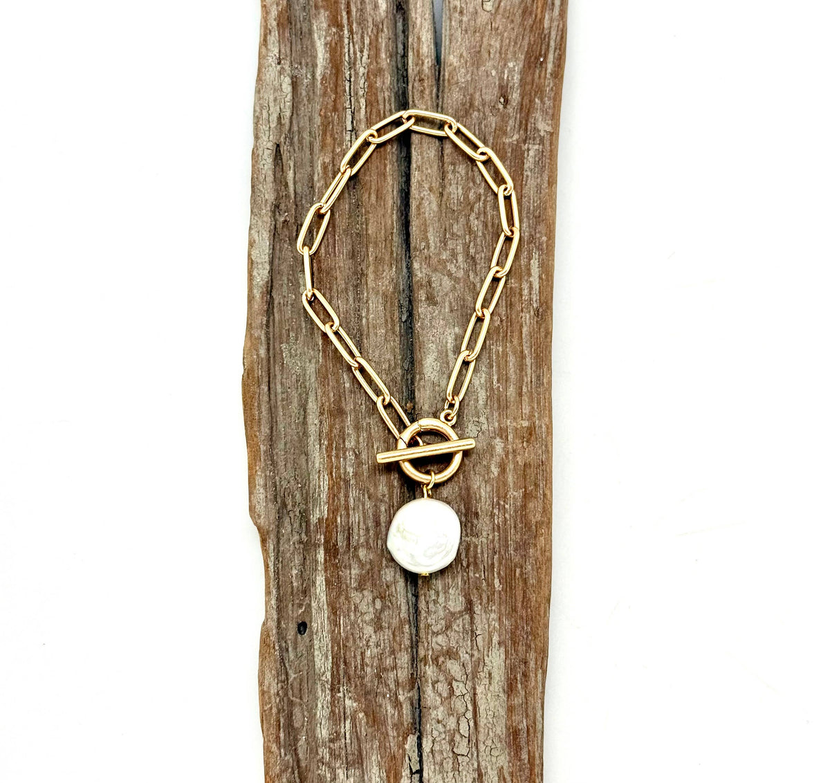 Bracelet Matte Finish Paper Clip Chain w/Freshwater Coin 7”