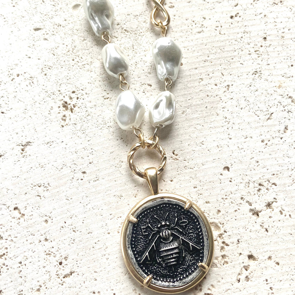 Bee Coin and Vintage Glass Pearl Necklace